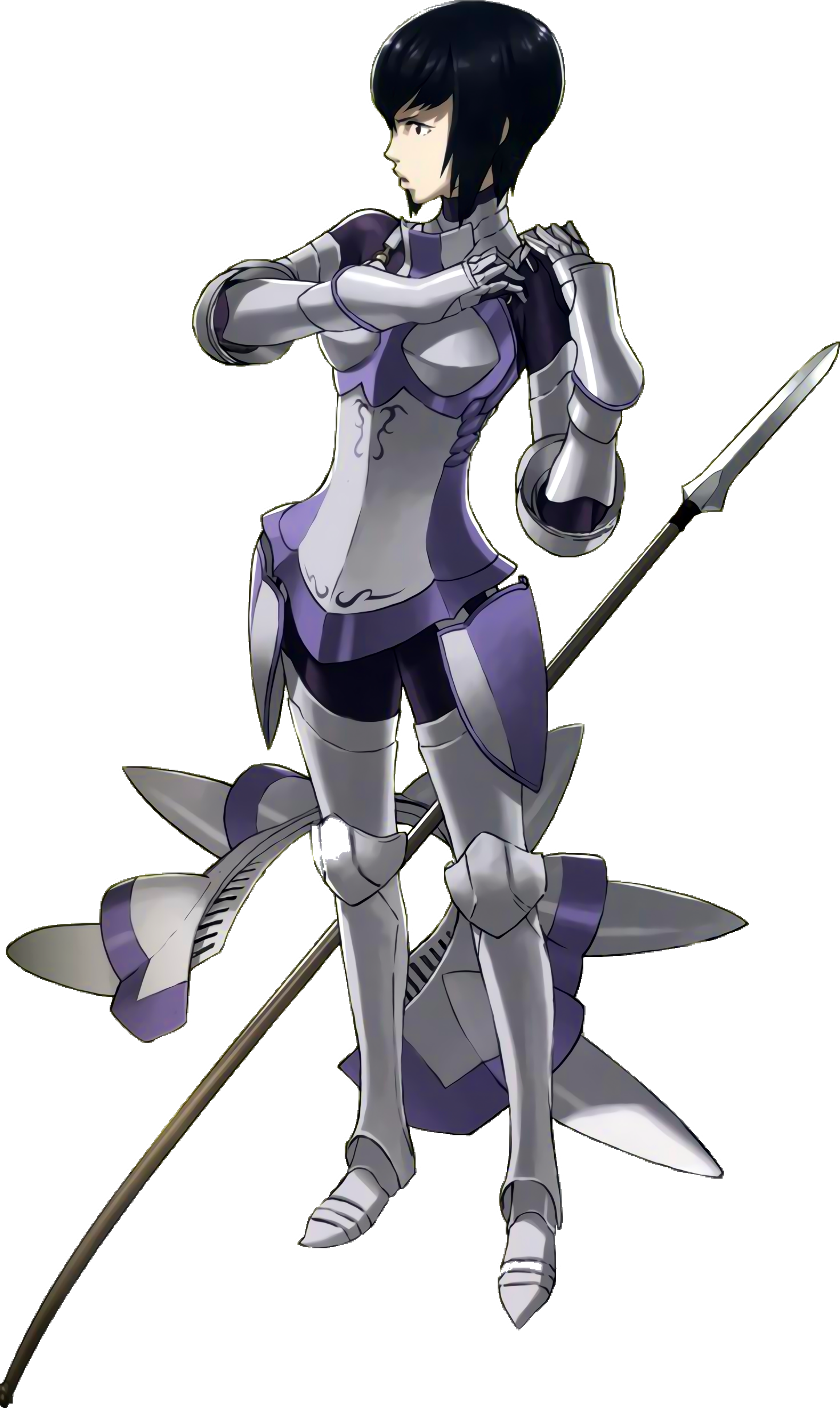 A female knight character in heavy armor, holding a spear.