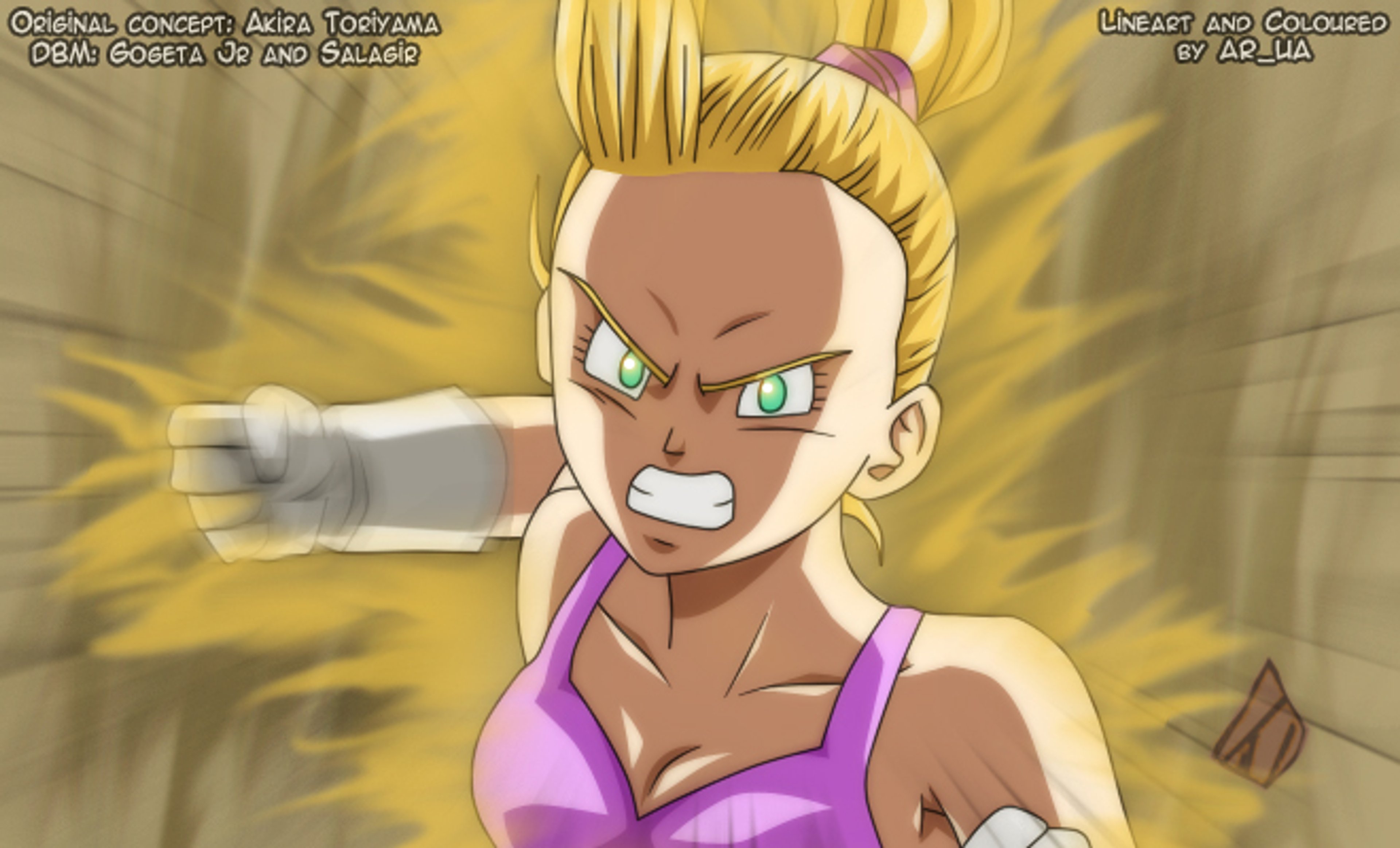 A young woman with purple hair and blue eyes in a fighting stance