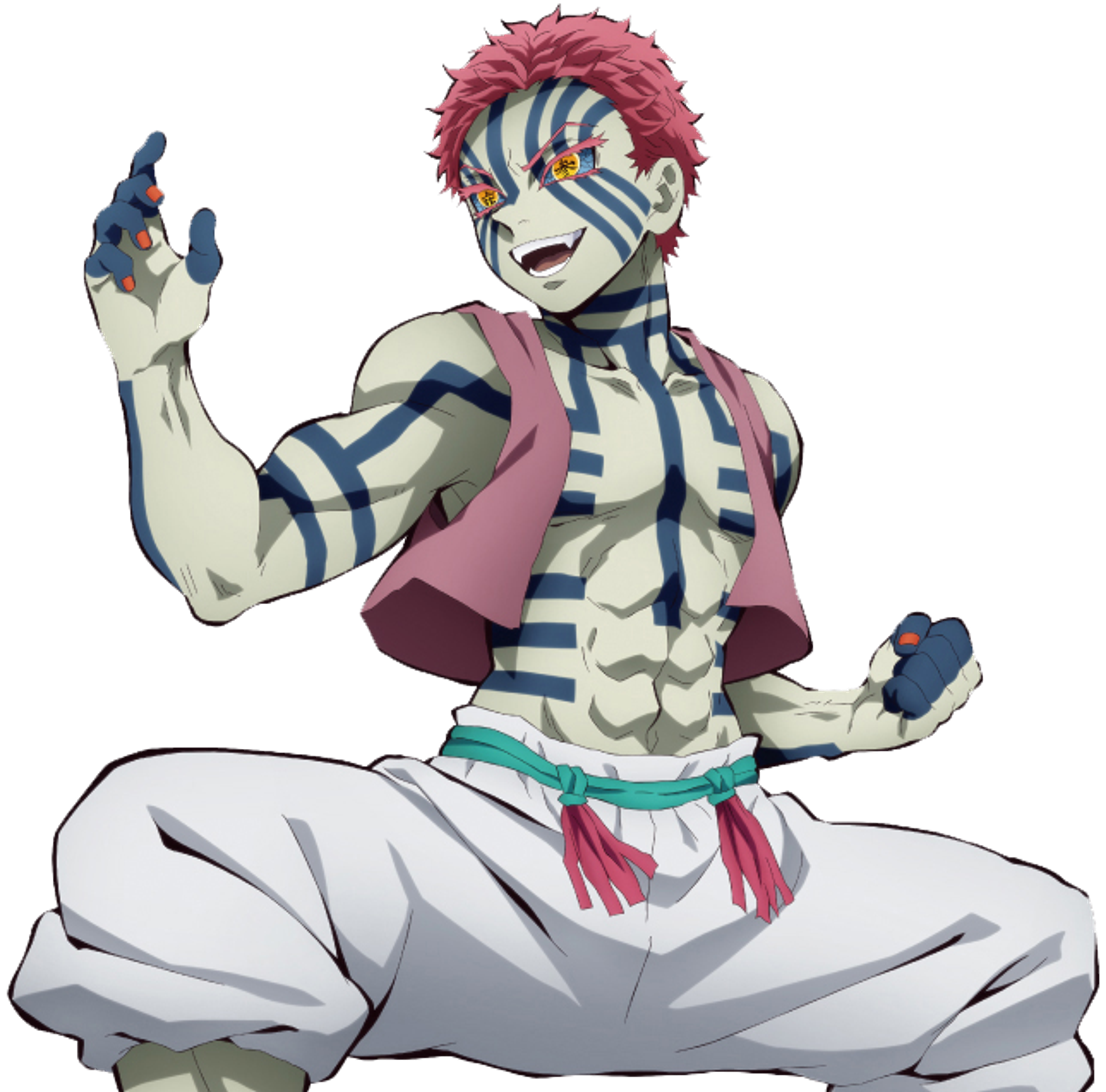 A muscular, shirtless male character with pink hair and blue markings on his body, in a fighting stance.