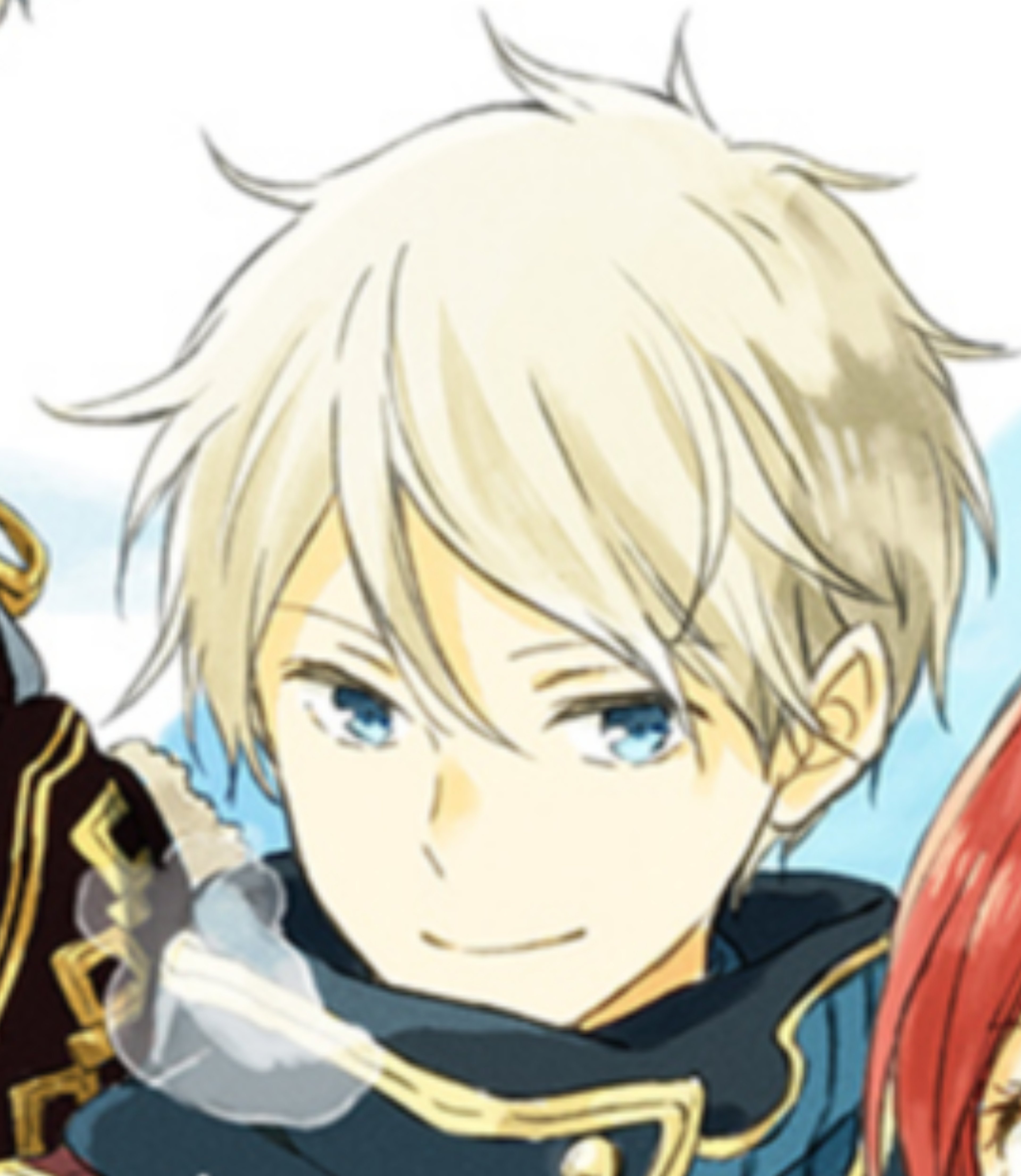A young, blonde male character with blue eyes wearing a dark uniform and a confident expression.