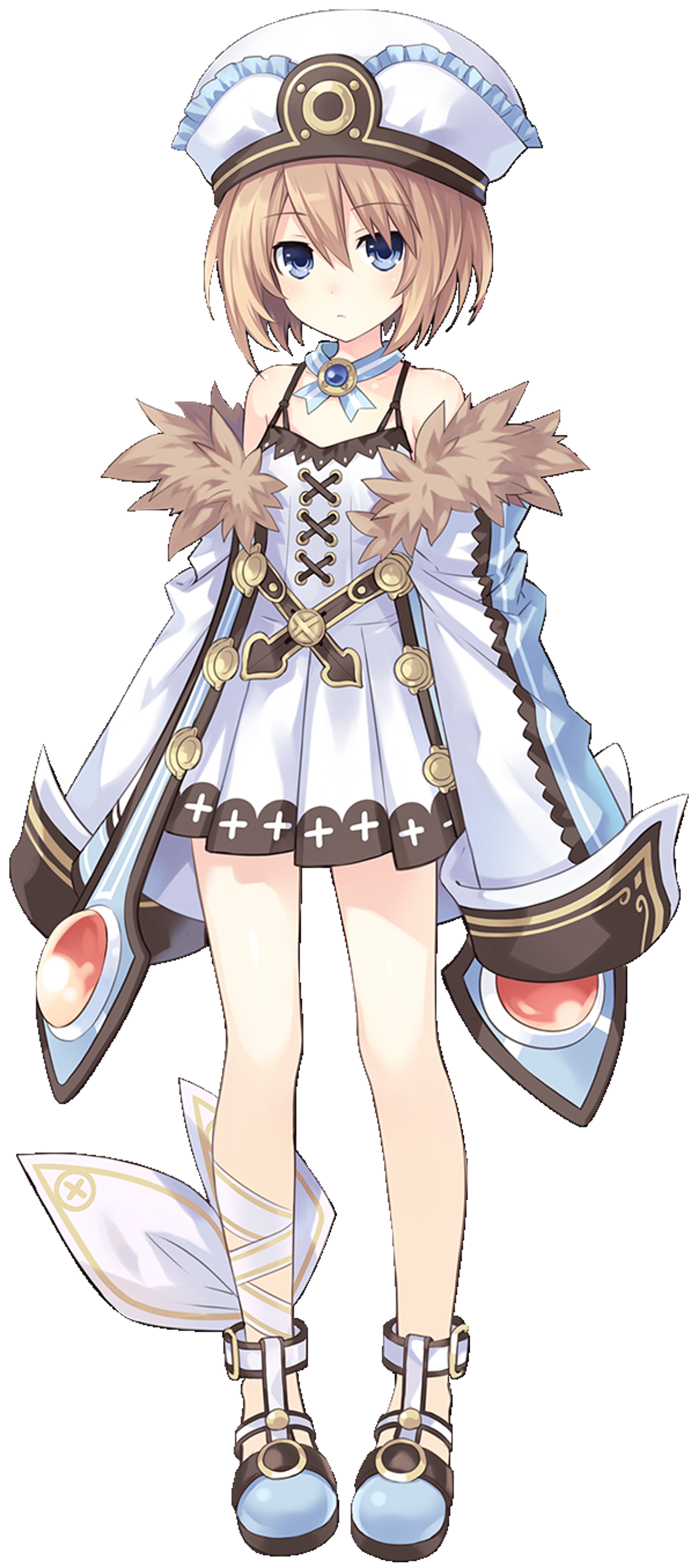 A young woman with short brown hair and blue eyes wearing a white and blue outfit, holding a weapon or staff.