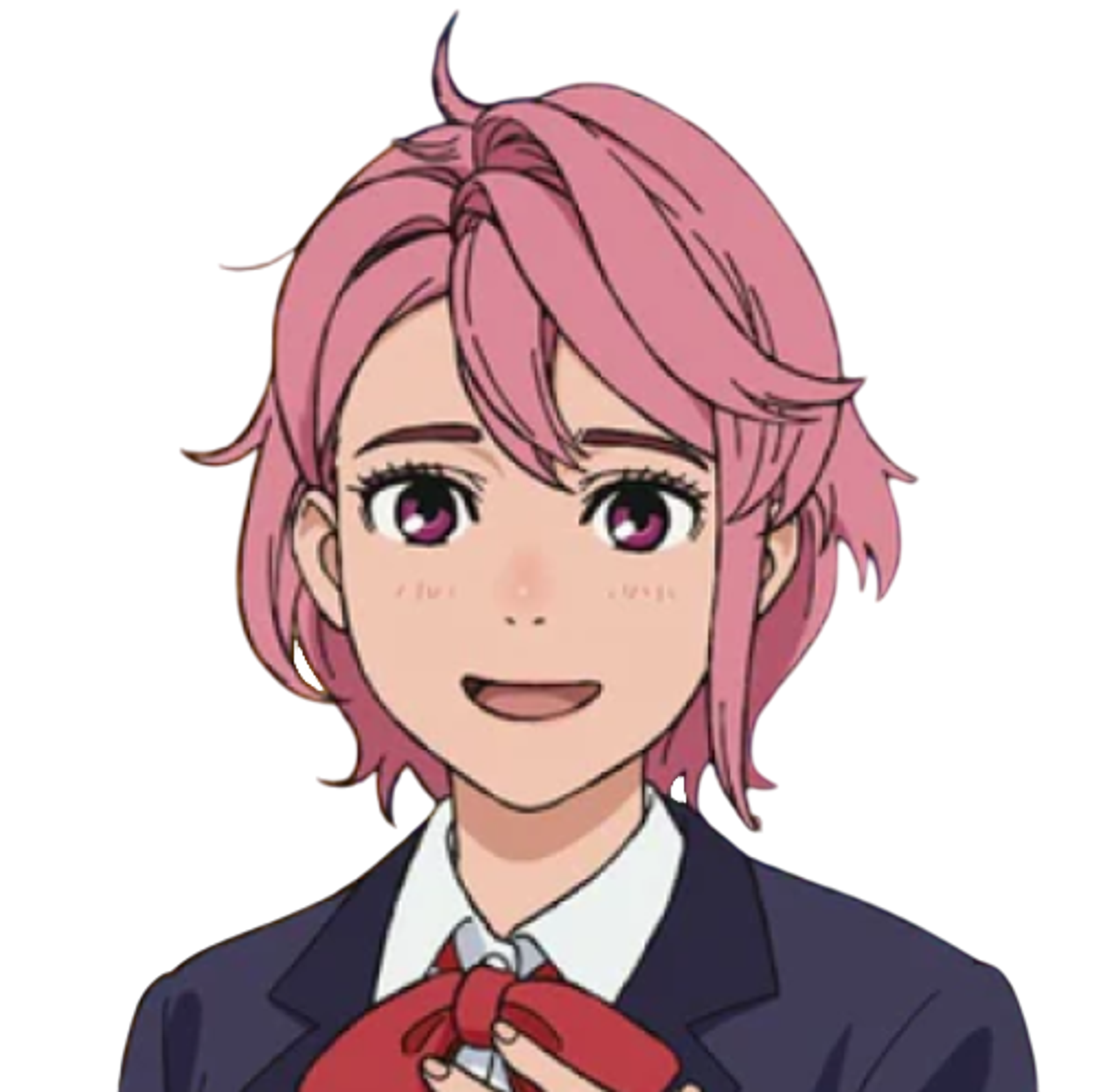 An anime-style character with short light pink hair and dark pink eyes, wearing a school uniform with a red tie.