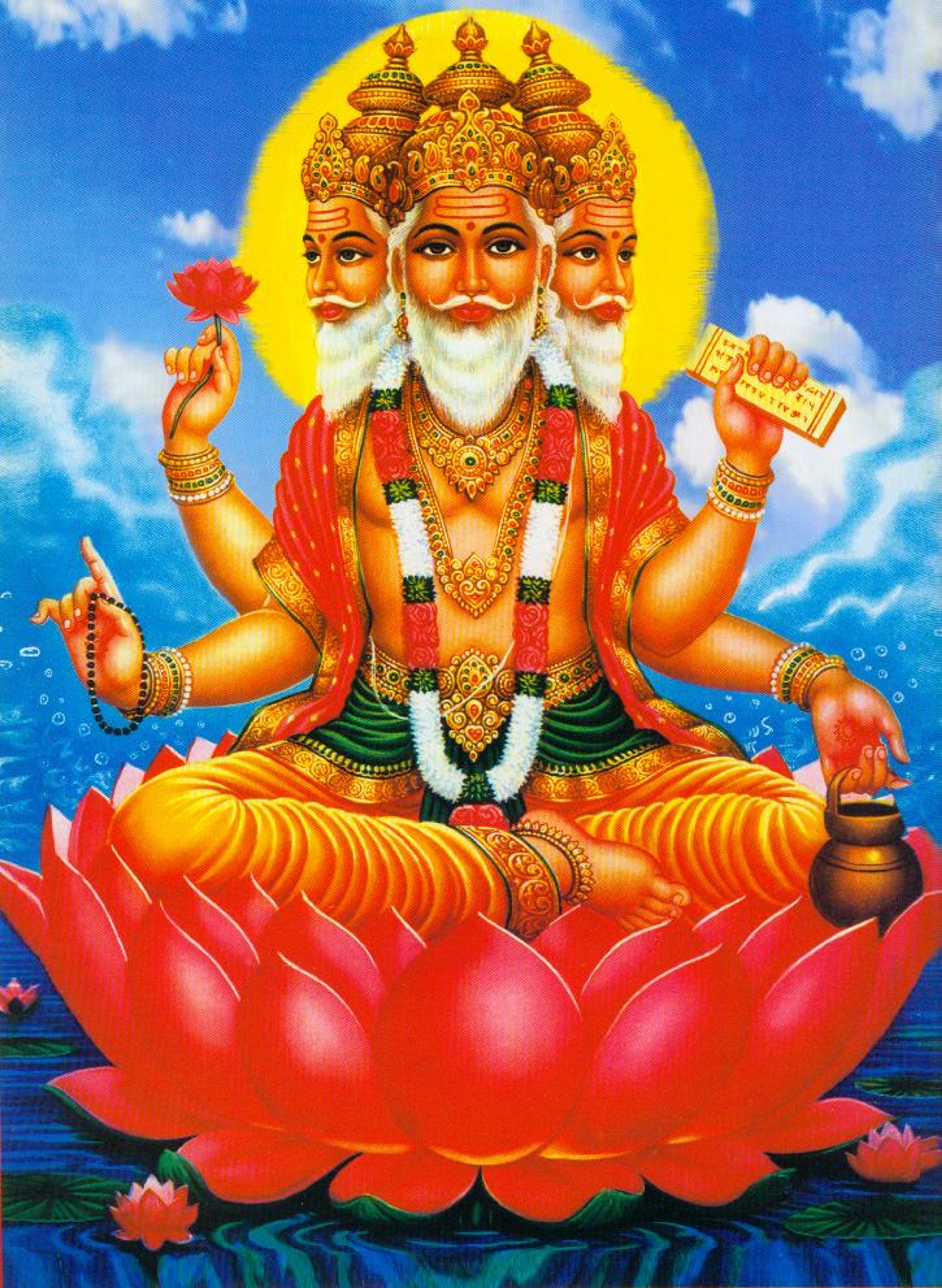 An illustration of the Hindu god Brahma, the creator deity, sitting on a lotus flower with four heads and four arms.