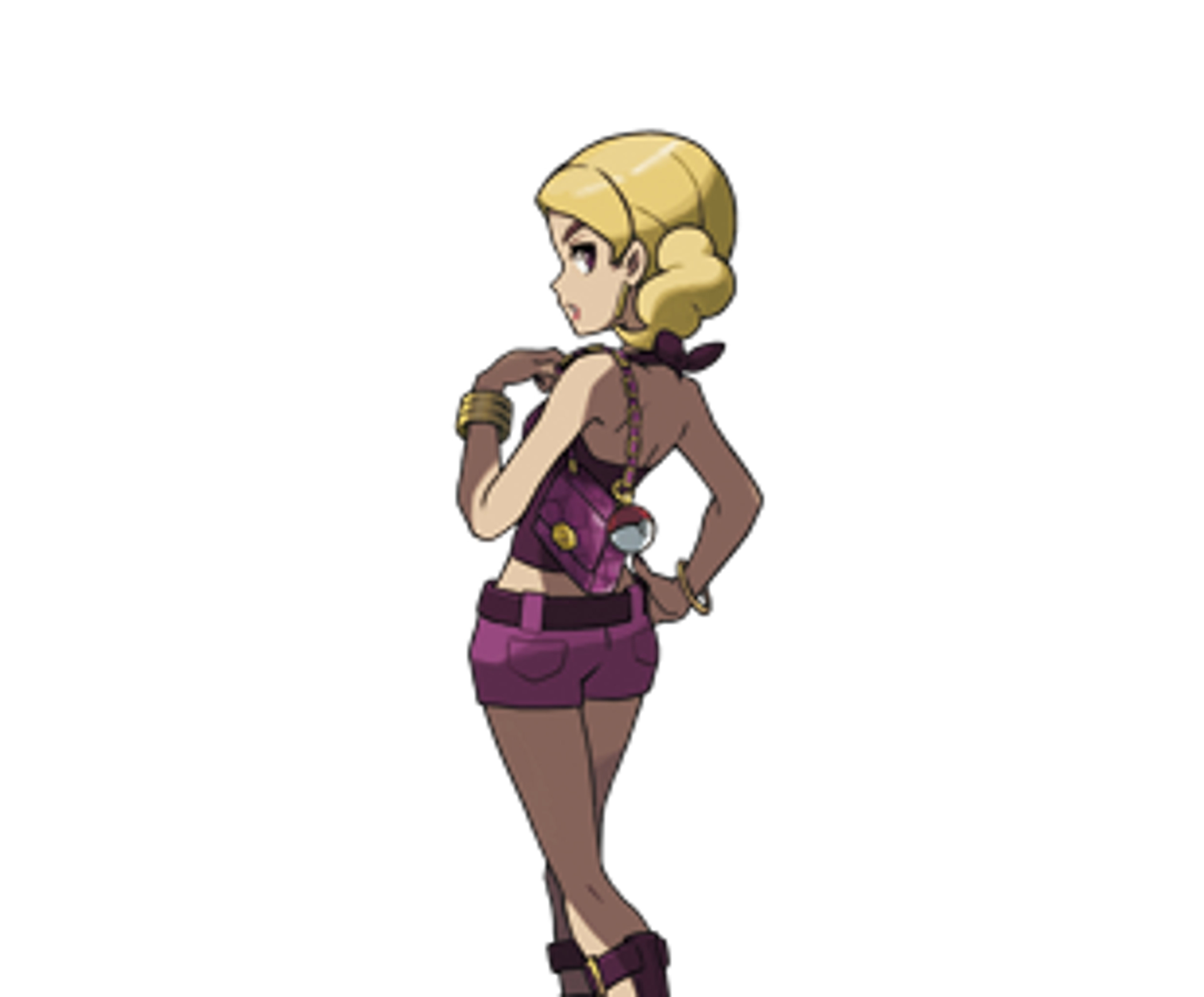 A fashionable and confident Pokémon trainer with blonde hair and a purple and black outfit.