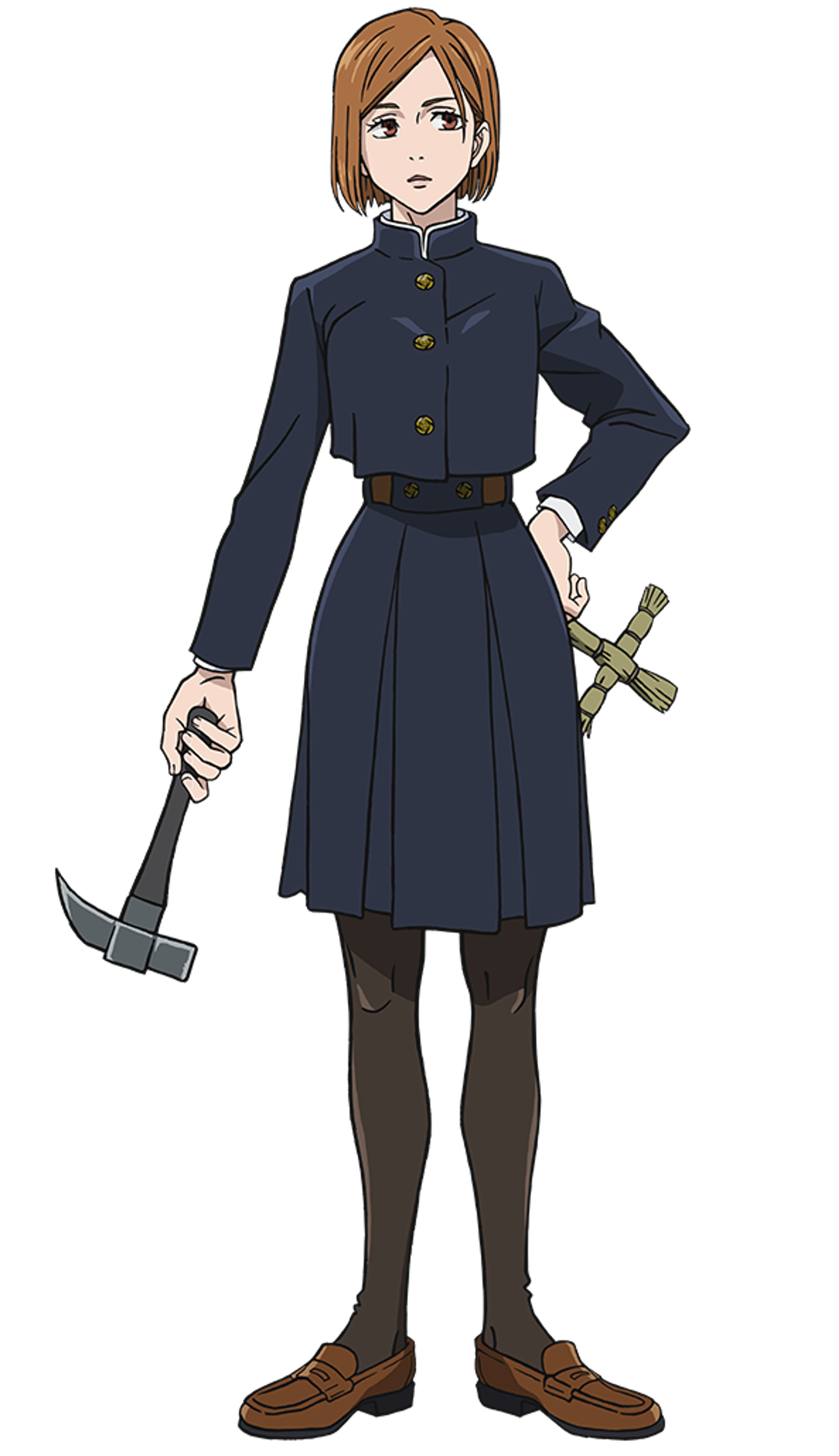 A young woman in a dark blue military-style coat holding a large hammer-like weapon