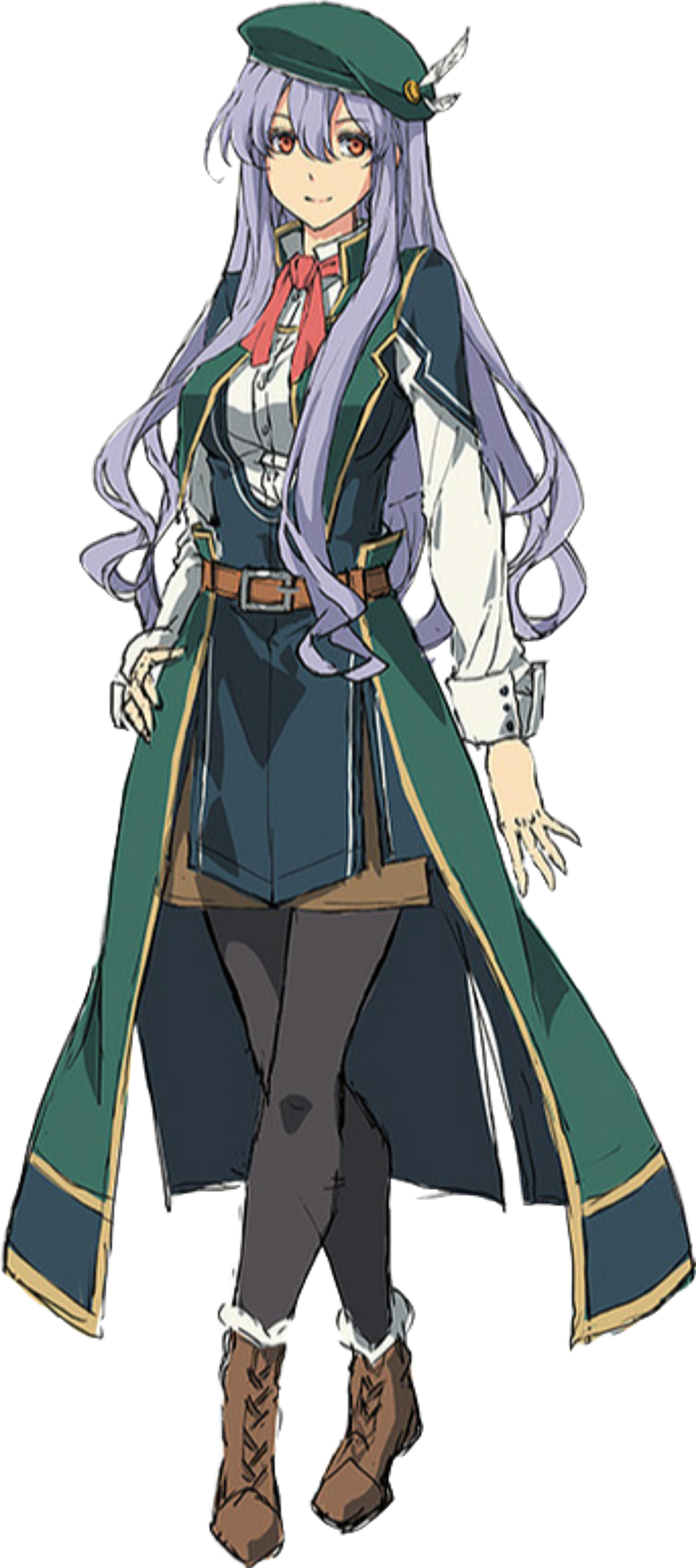 A young woman with long silver hair wearing a green hat, red scarf, and green and gold outfit.