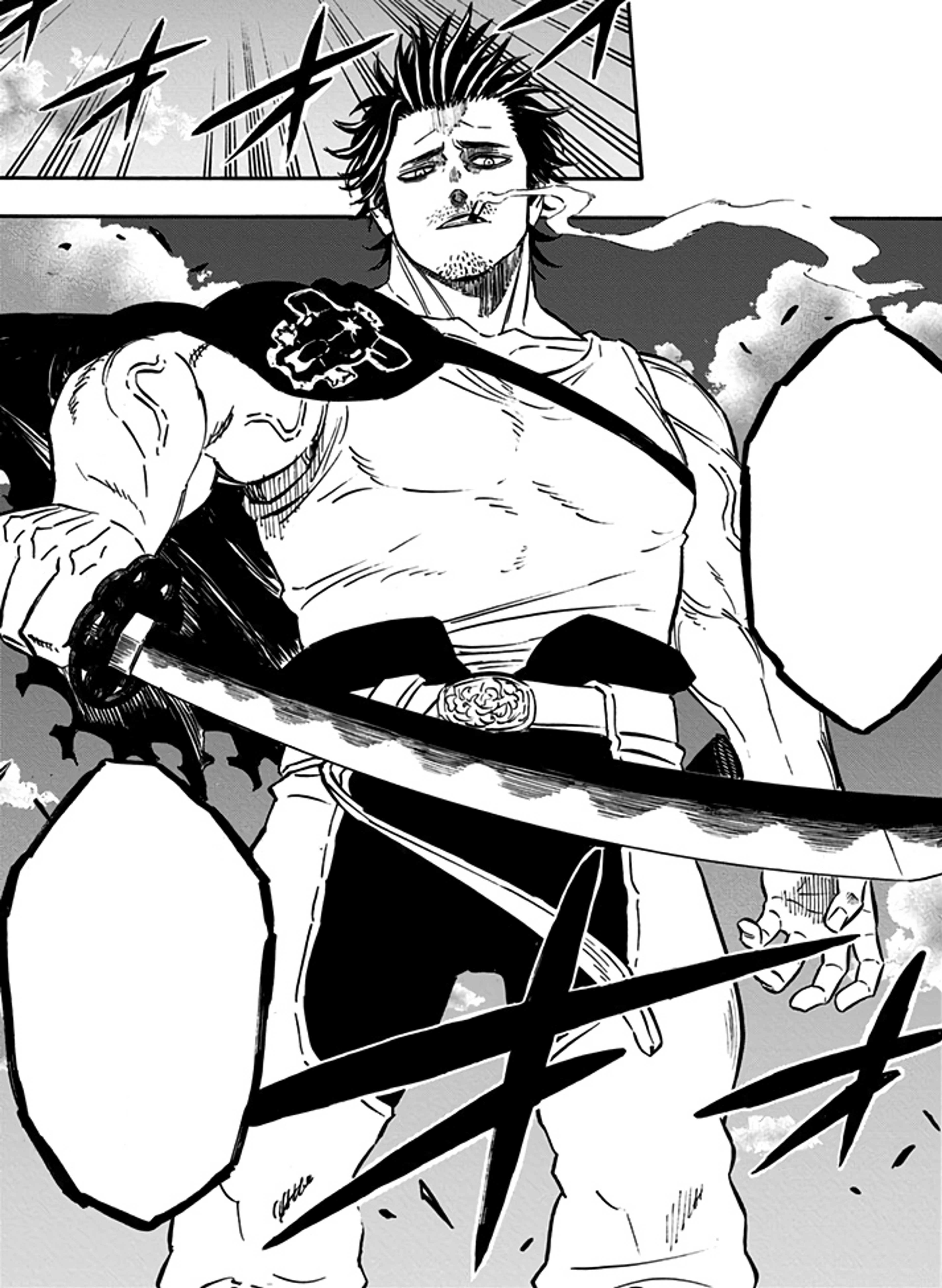 A muscular, shirtless man with a rugged appearance wielding a large sword in a dramatic, stylized setting.