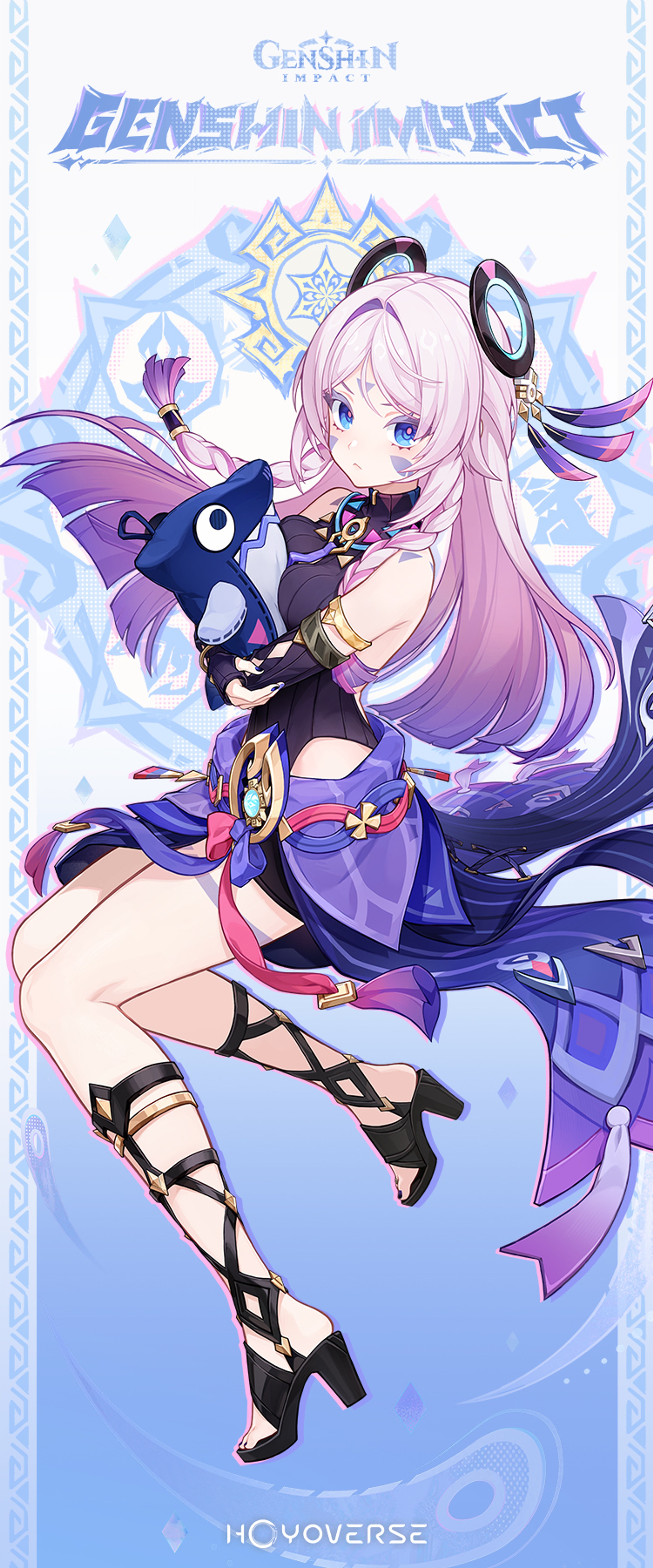 A young woman with pink hair and blue eyes, wearing a purple outfit with intricate designs, sitting on the ground surrounded by a magical-looking background and holding a small animal companion.