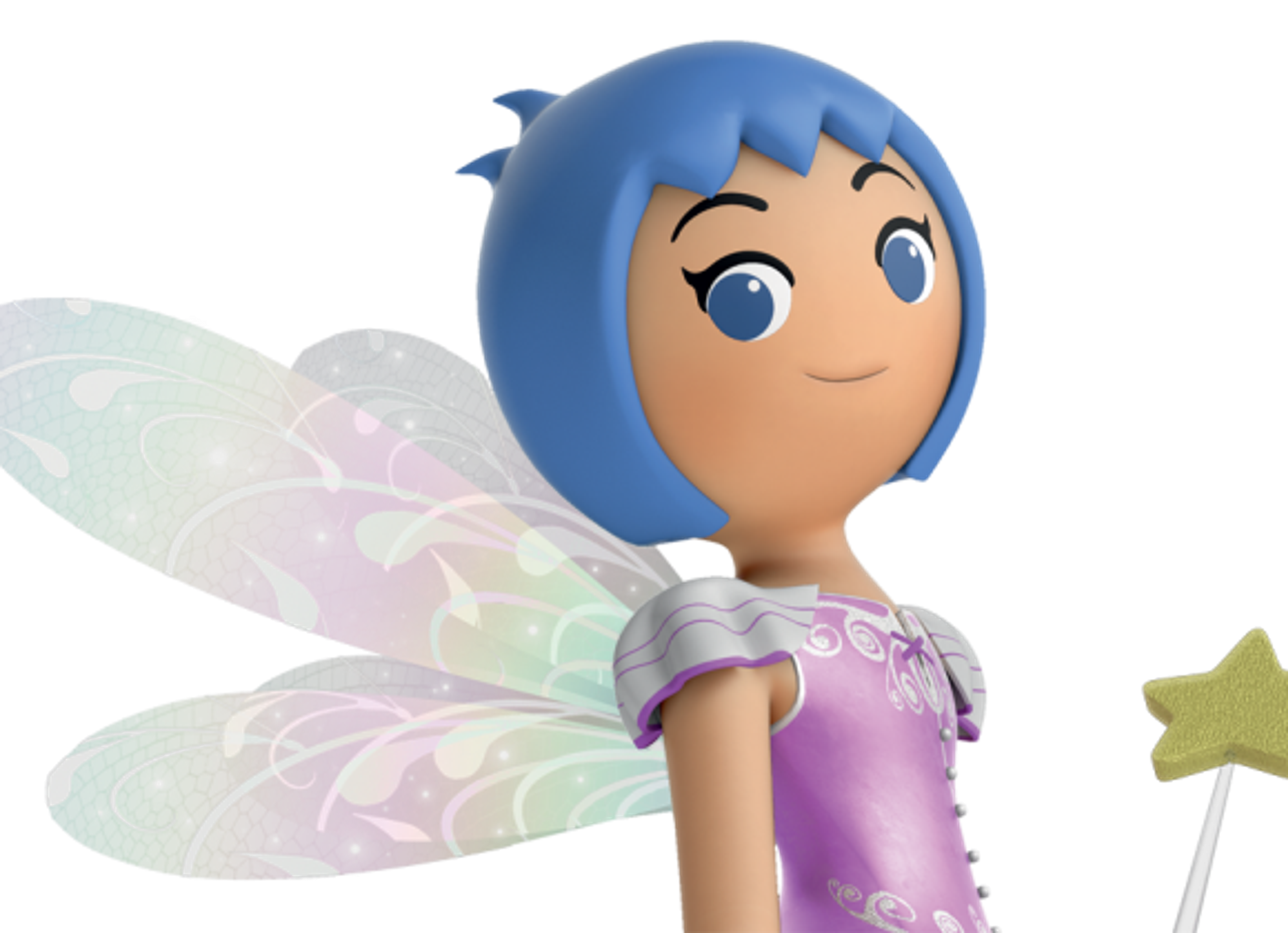 A female fairy character with light blue hair, blue eyes, and fairy wings, wearing a pink dress and white slippers.