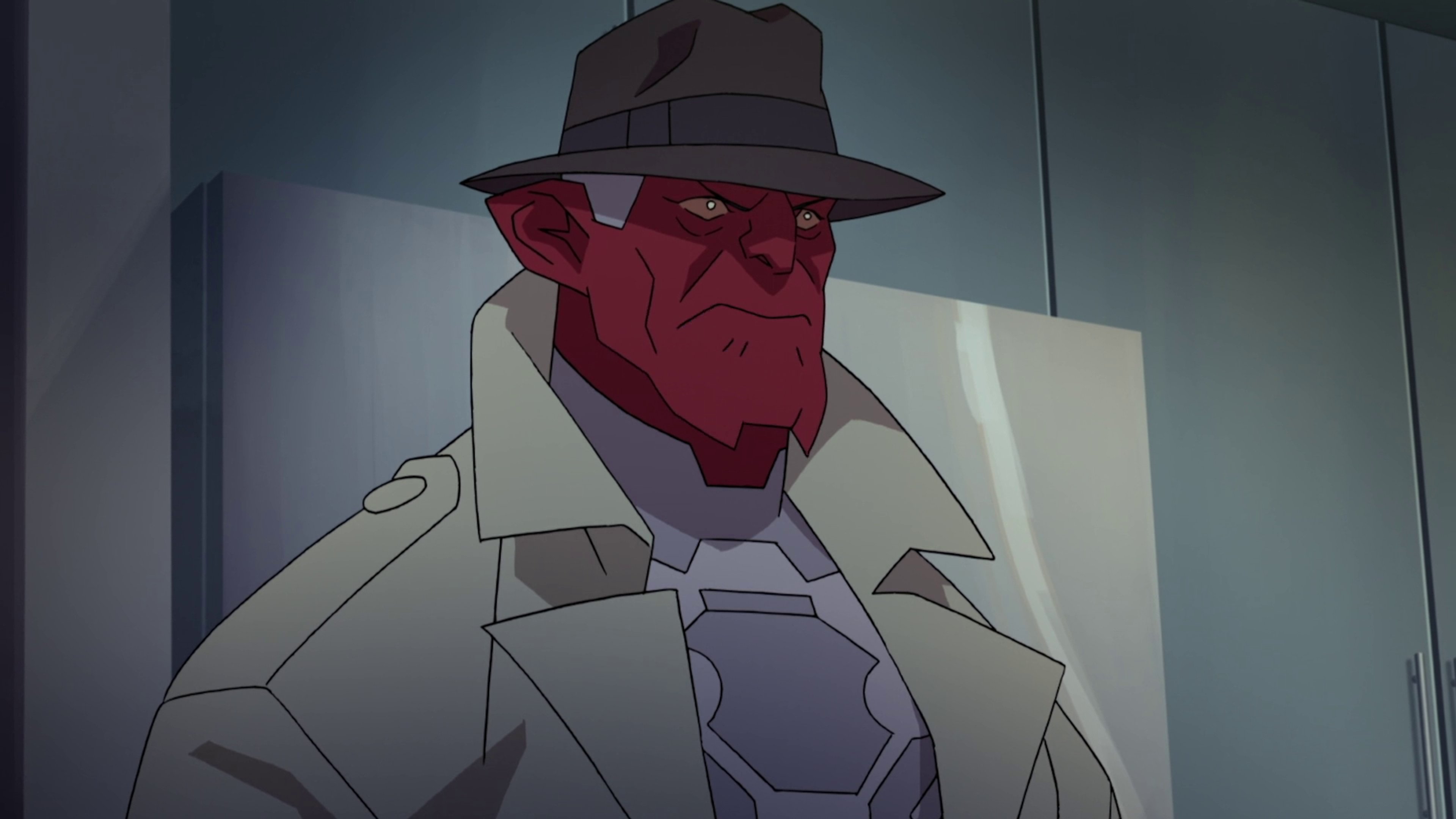 A red-skinned, demonic-looking character in a trenchcoat and hat, with a stern expression