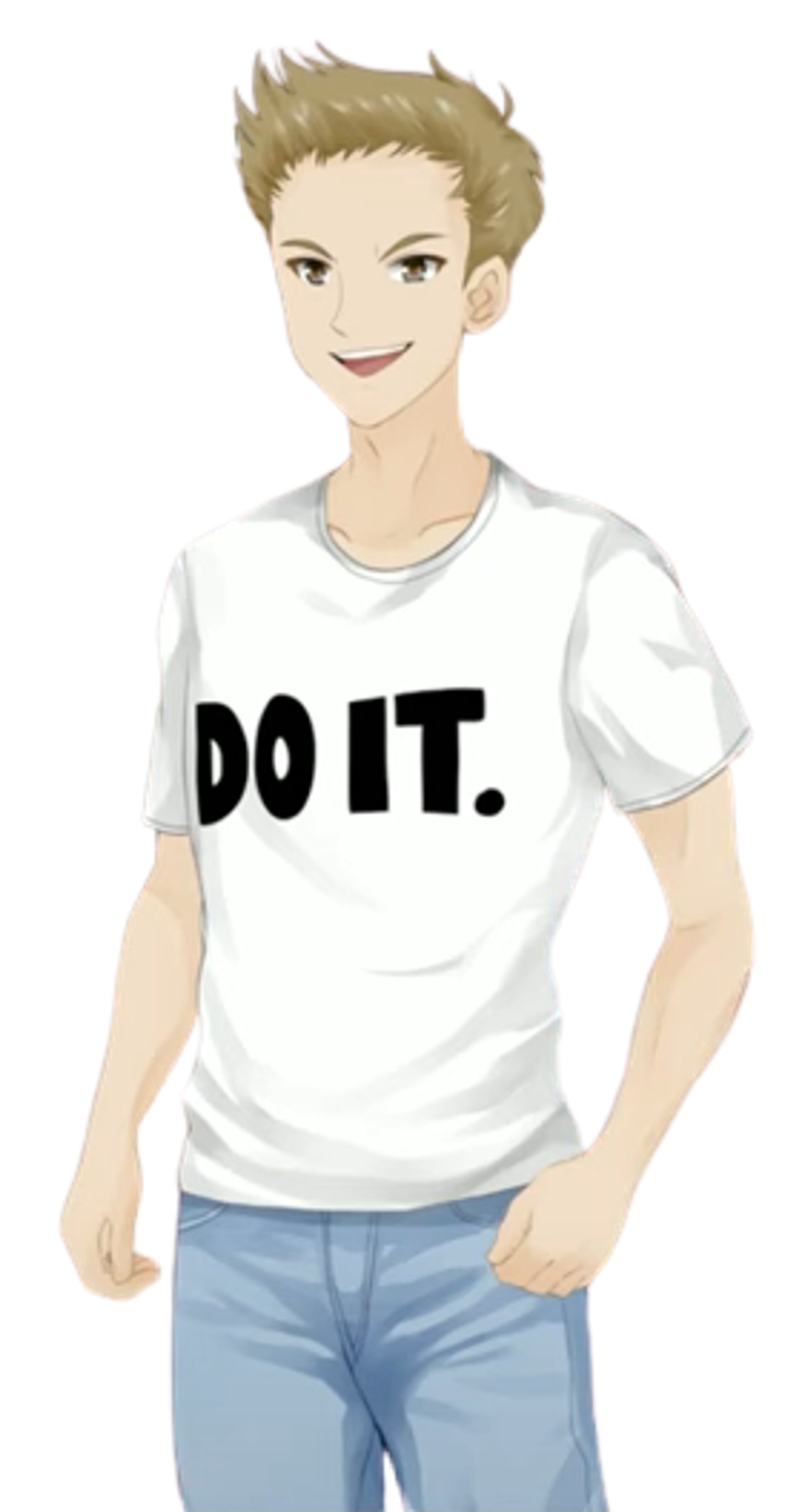 A young man with blond, spiky hair wearing a white t-shirt with the text 'DO IT.'