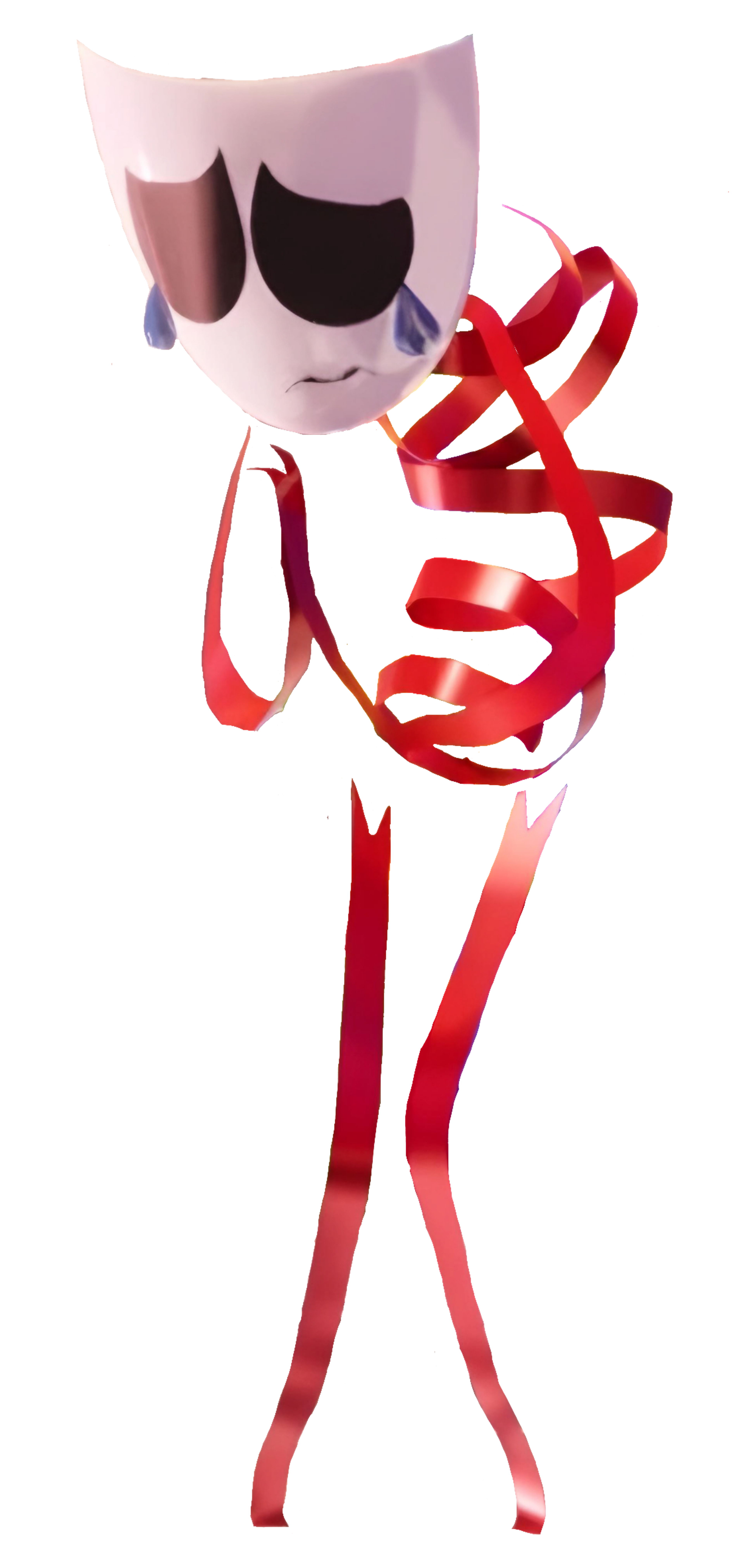 A humanoid character made of candy-red ribbons with a porcelain mask face