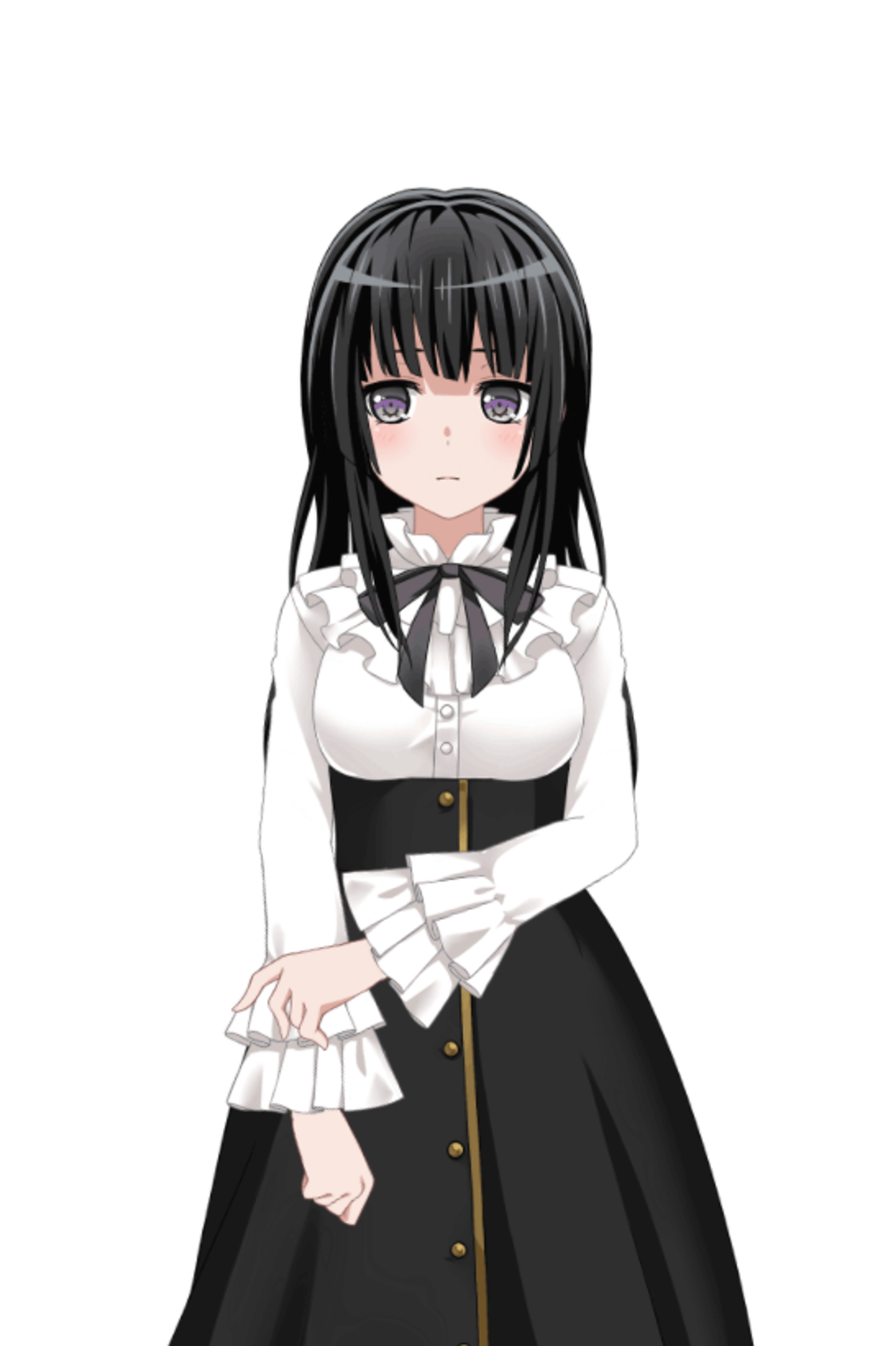 An anime-style character with long black hair, wearing a white blouse and black skirt, with a shy expression.