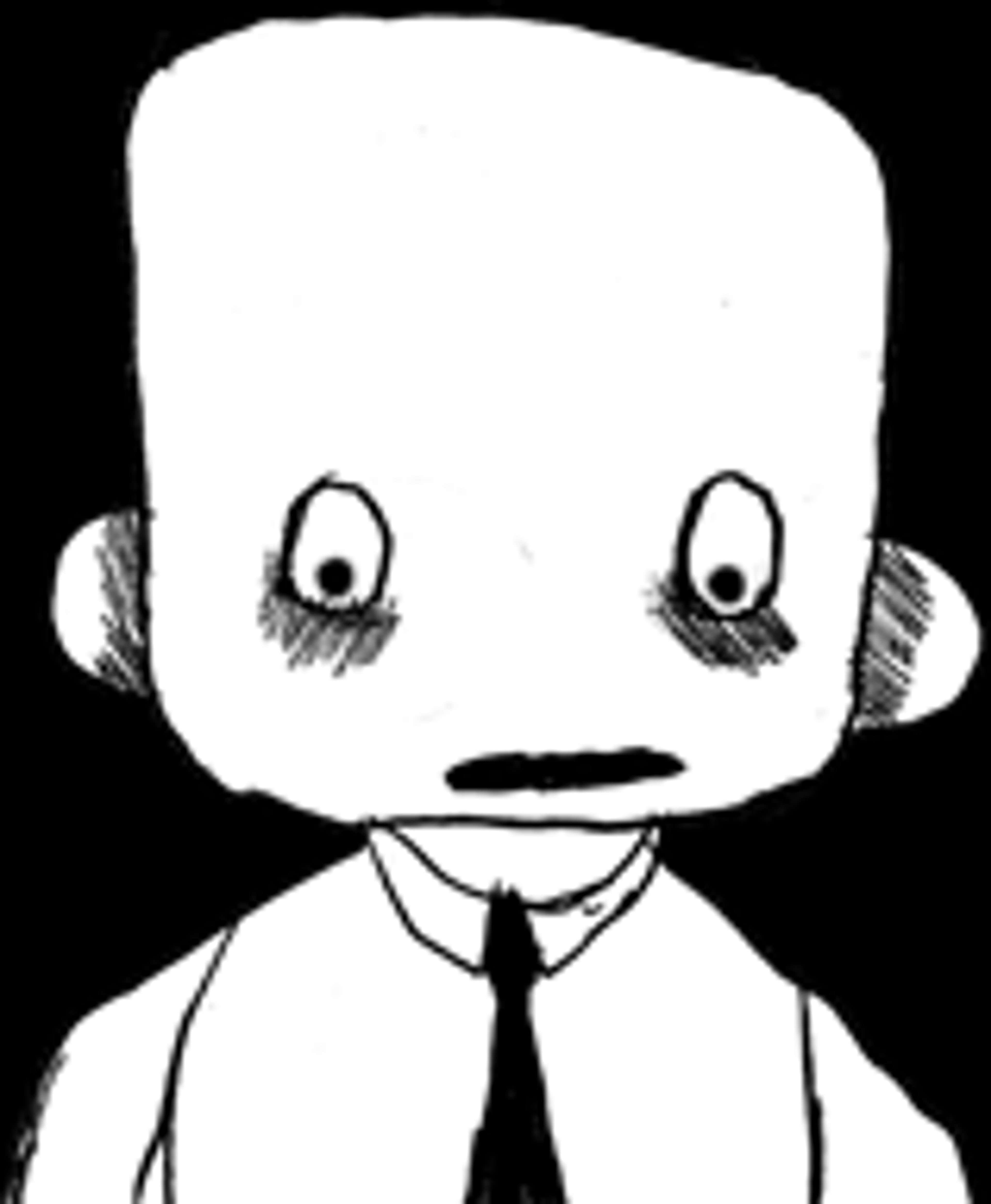 A cartoon character with a bald, round head wearing a black suit and tie.
