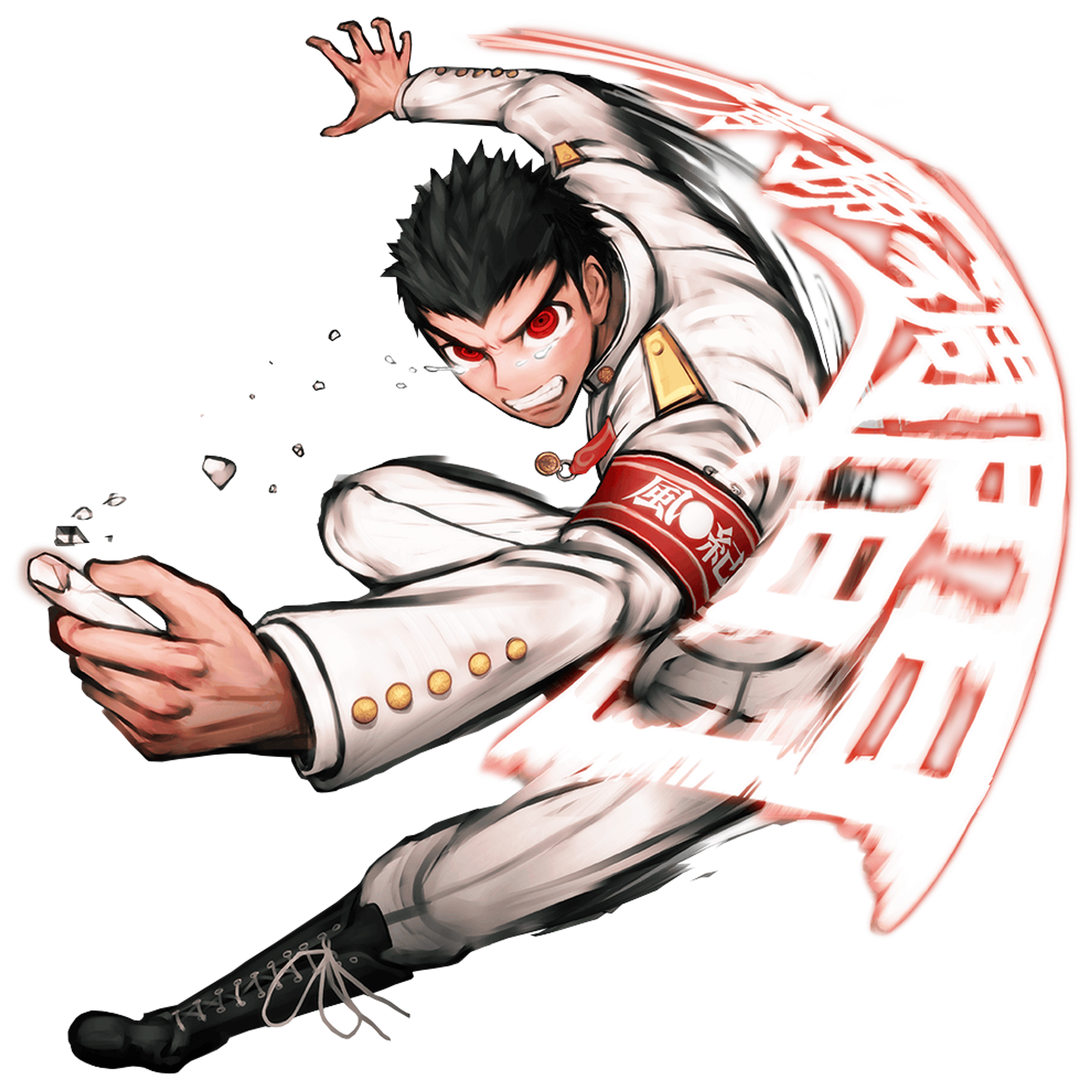 A young man in a white and red uniform striking a dramatic pose