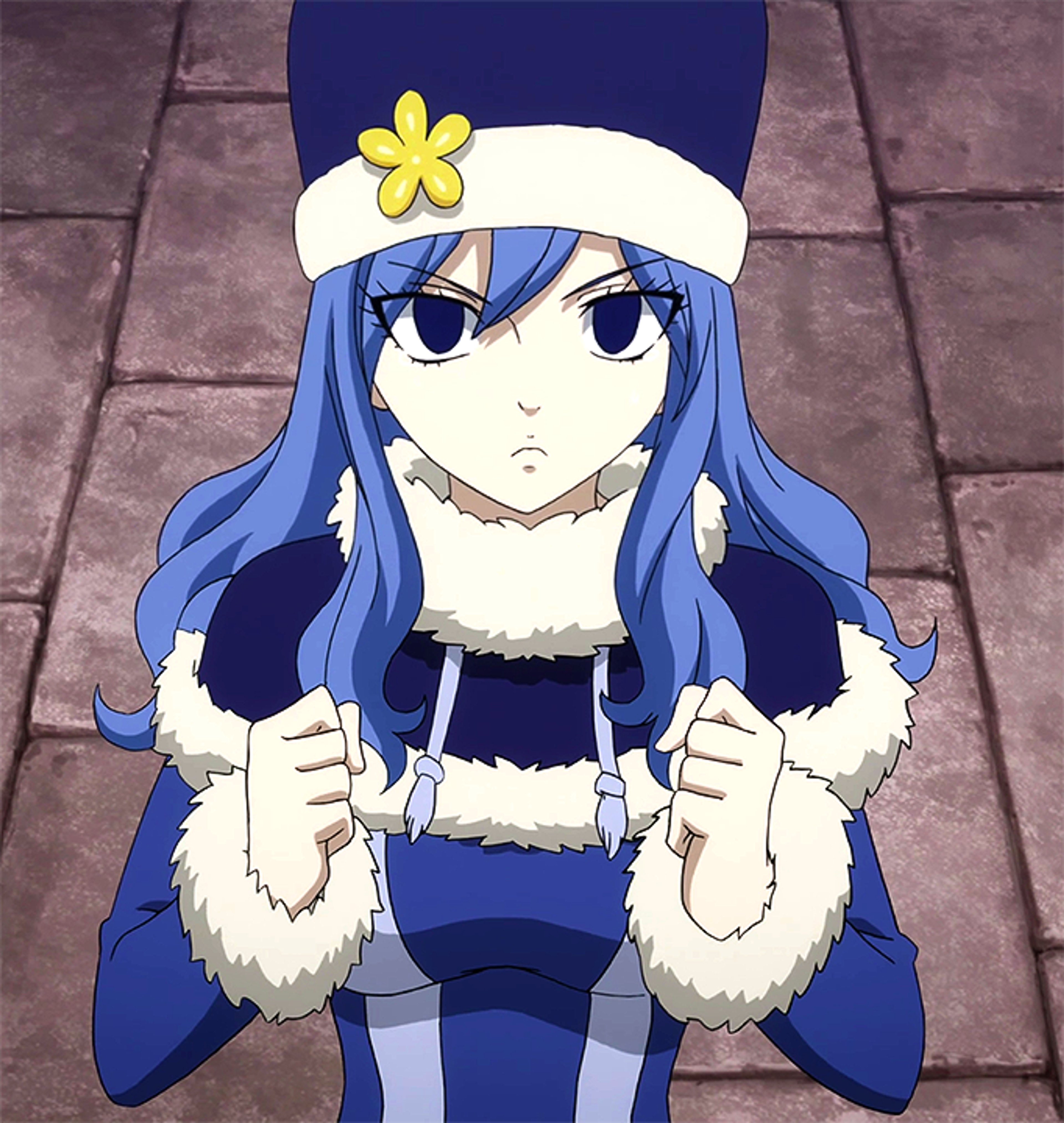 An anime-style character with blue hair and dark blue eyes, wearing a white hat with a yellow flower, a blue coat with fur trim, and a blue dress.