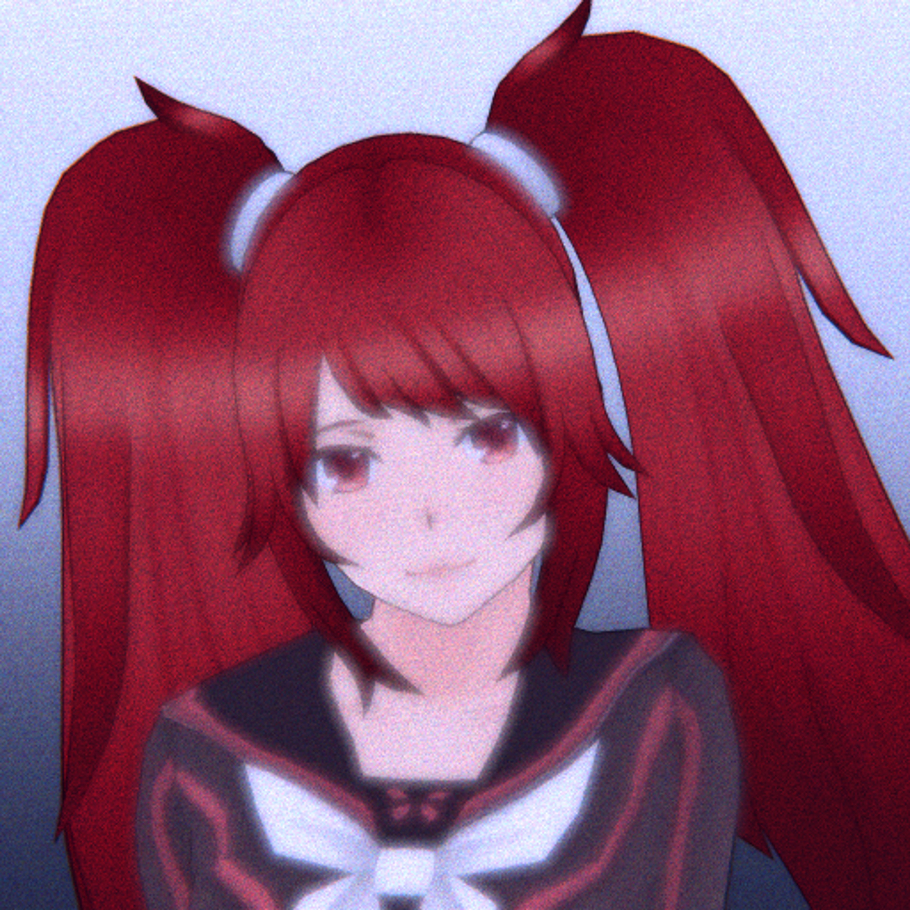 An anime-style character with long red pigtails wearing a school uniform and apron