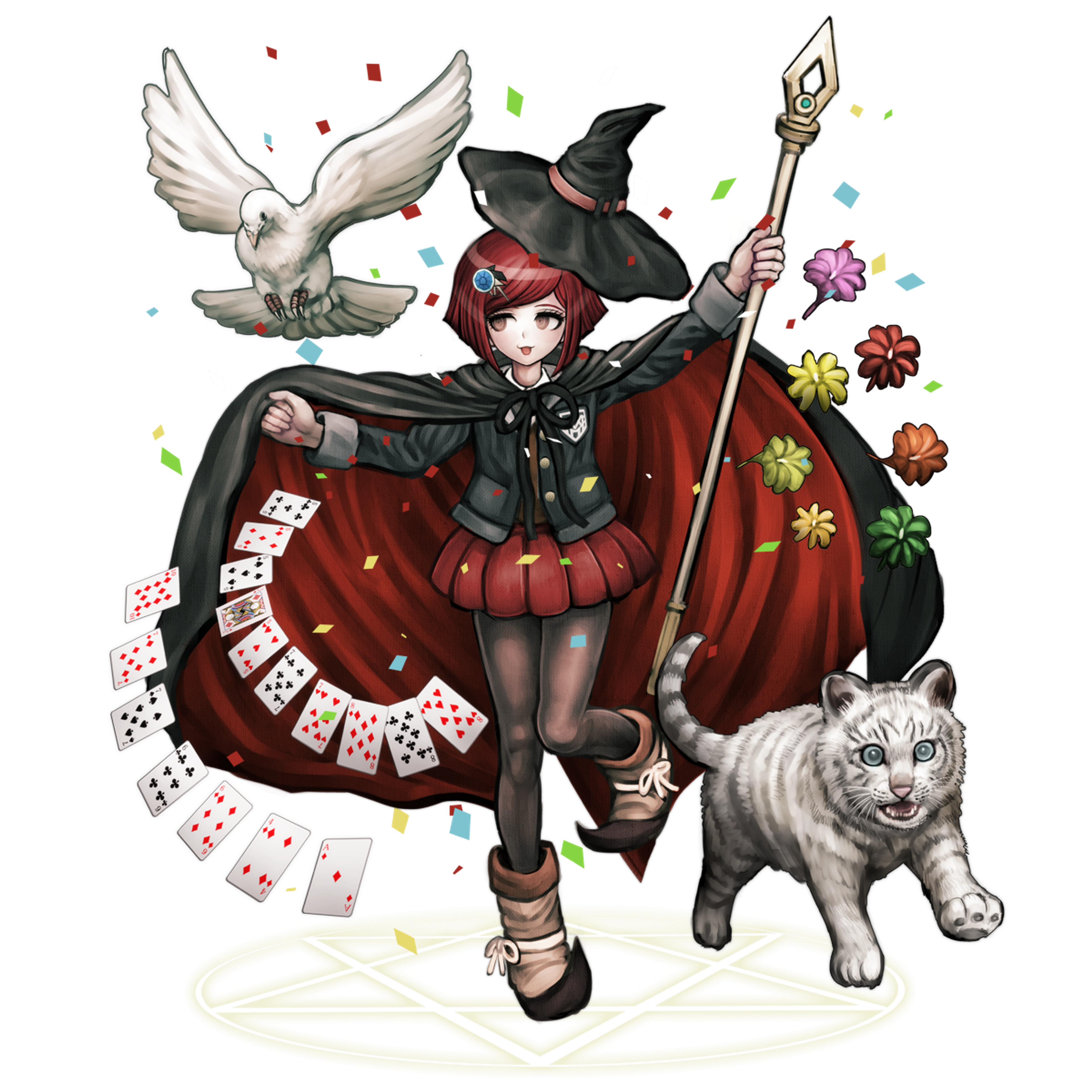 A young, confident-looking girl in a red magical outfit holding a staff, surrounded by magical elements.