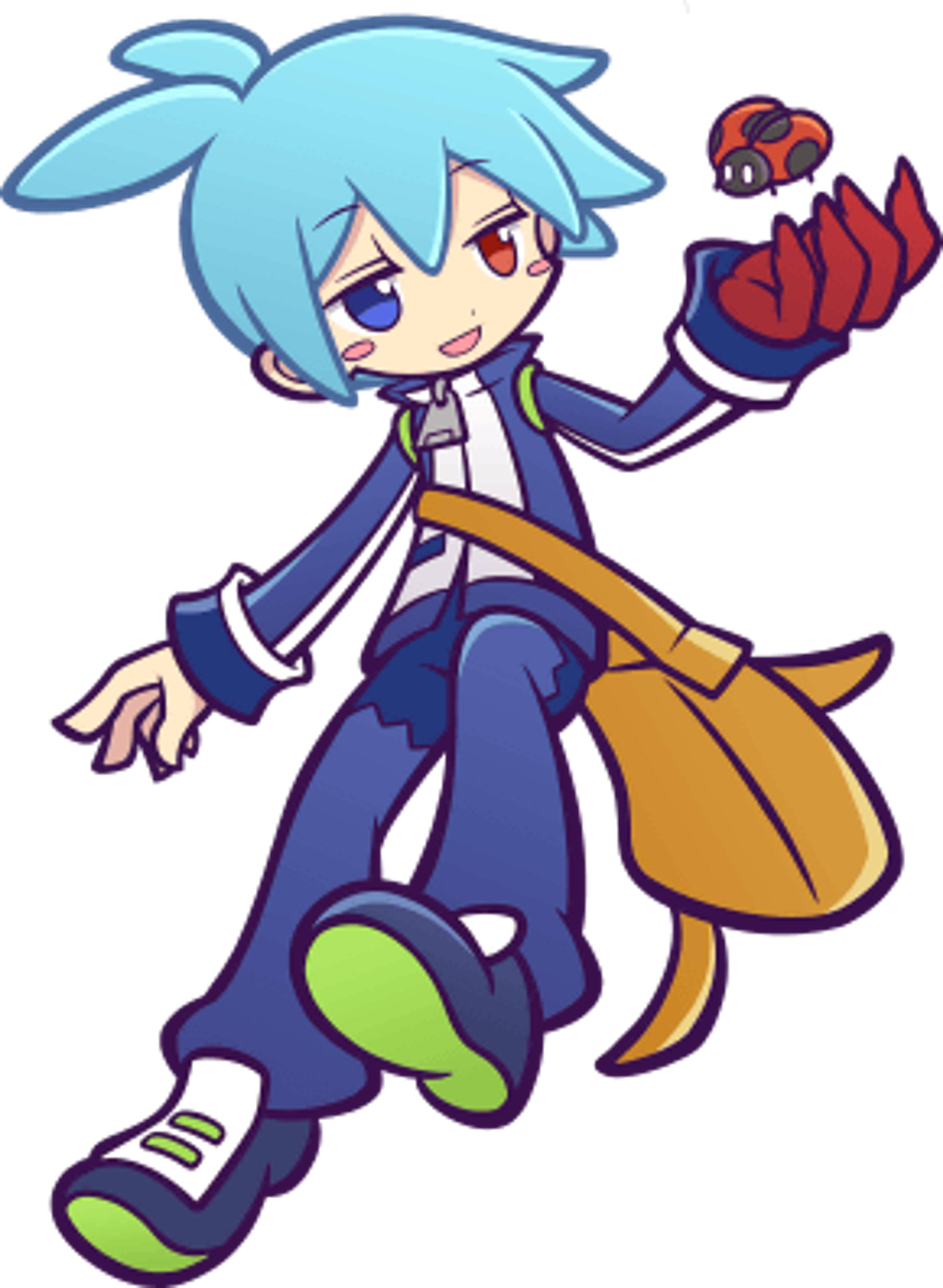 An anime-style character with blue hair, a red left eye, and a large red claw-like hand.