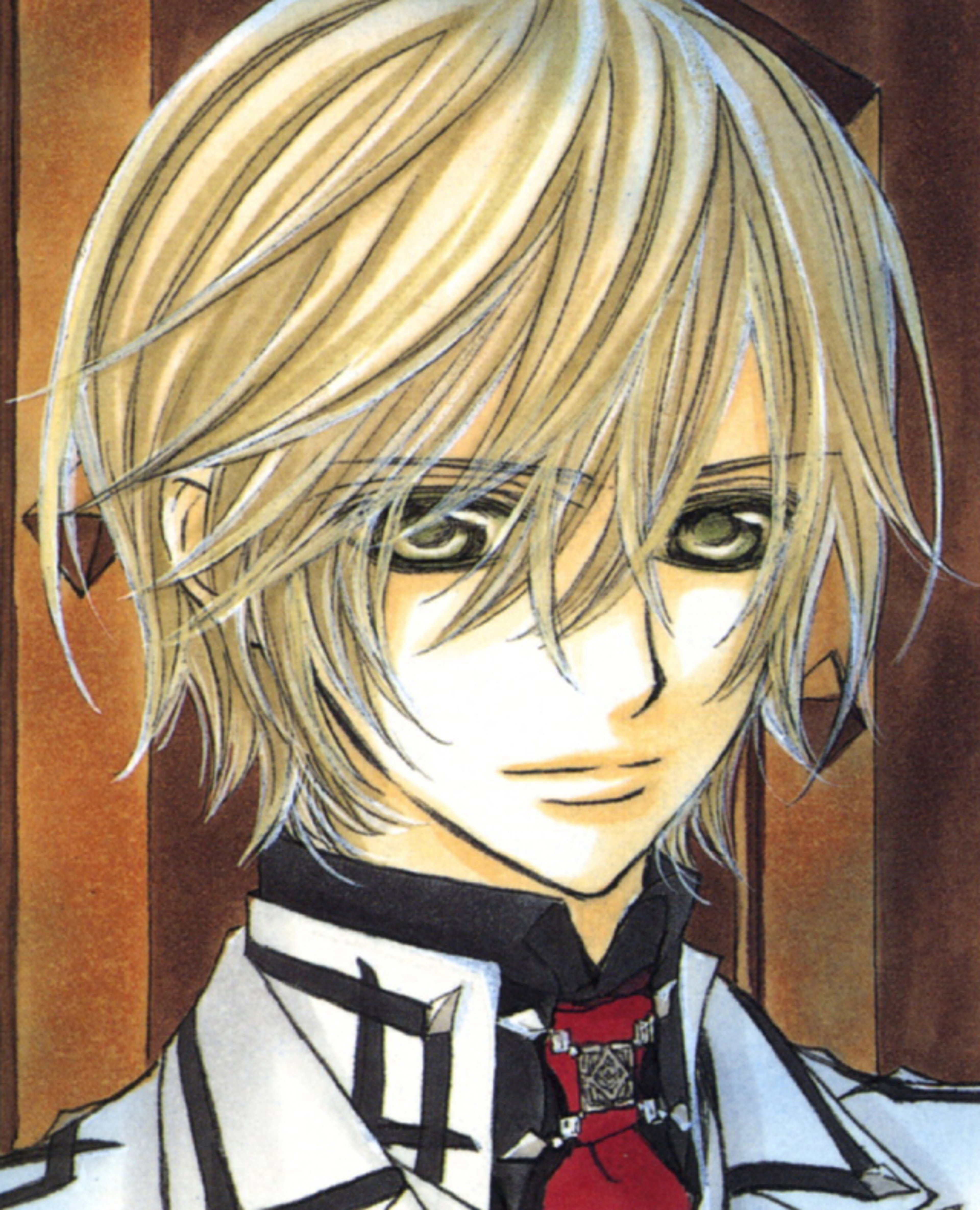 An anime-style character with ash blonde hair and forest green eyes, wearing a black suit with a red tie.