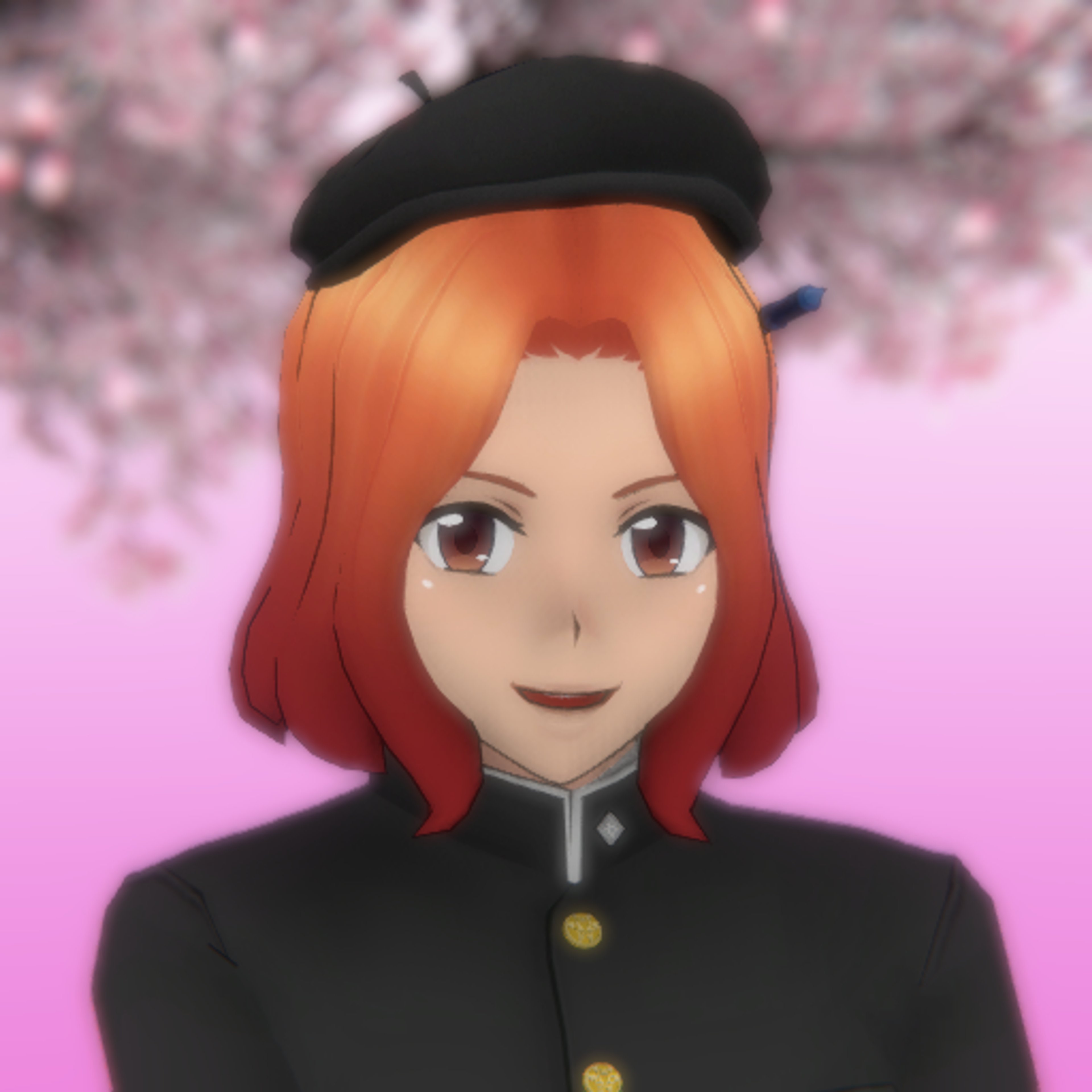 An anime-style character with ginger hair, orange eyes, and a school uniform with a black beret