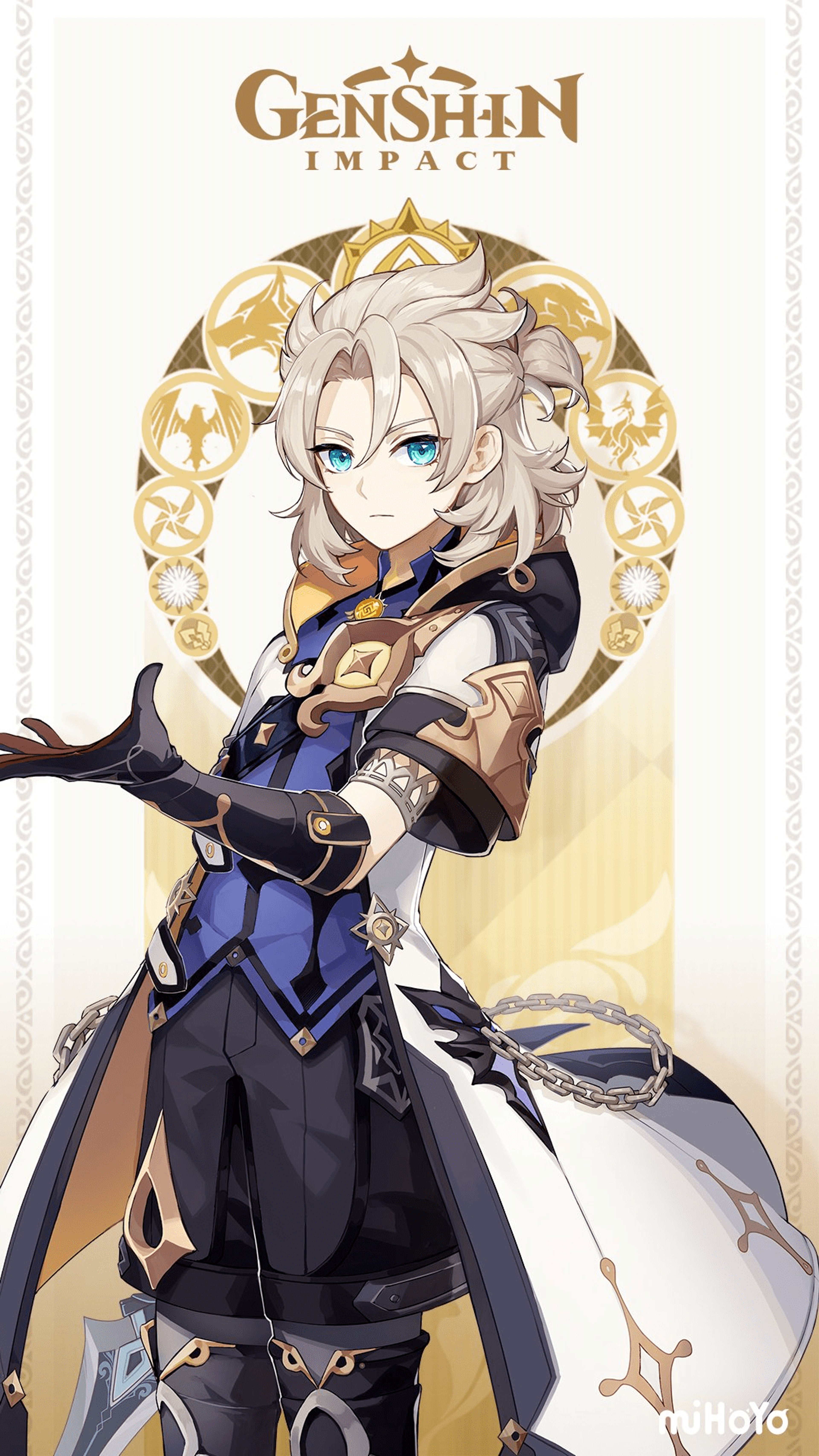 An anime-style character with pale blonde hair and blue eyes, wearing a dark blue and gold outfit and holding a weapon or tool.