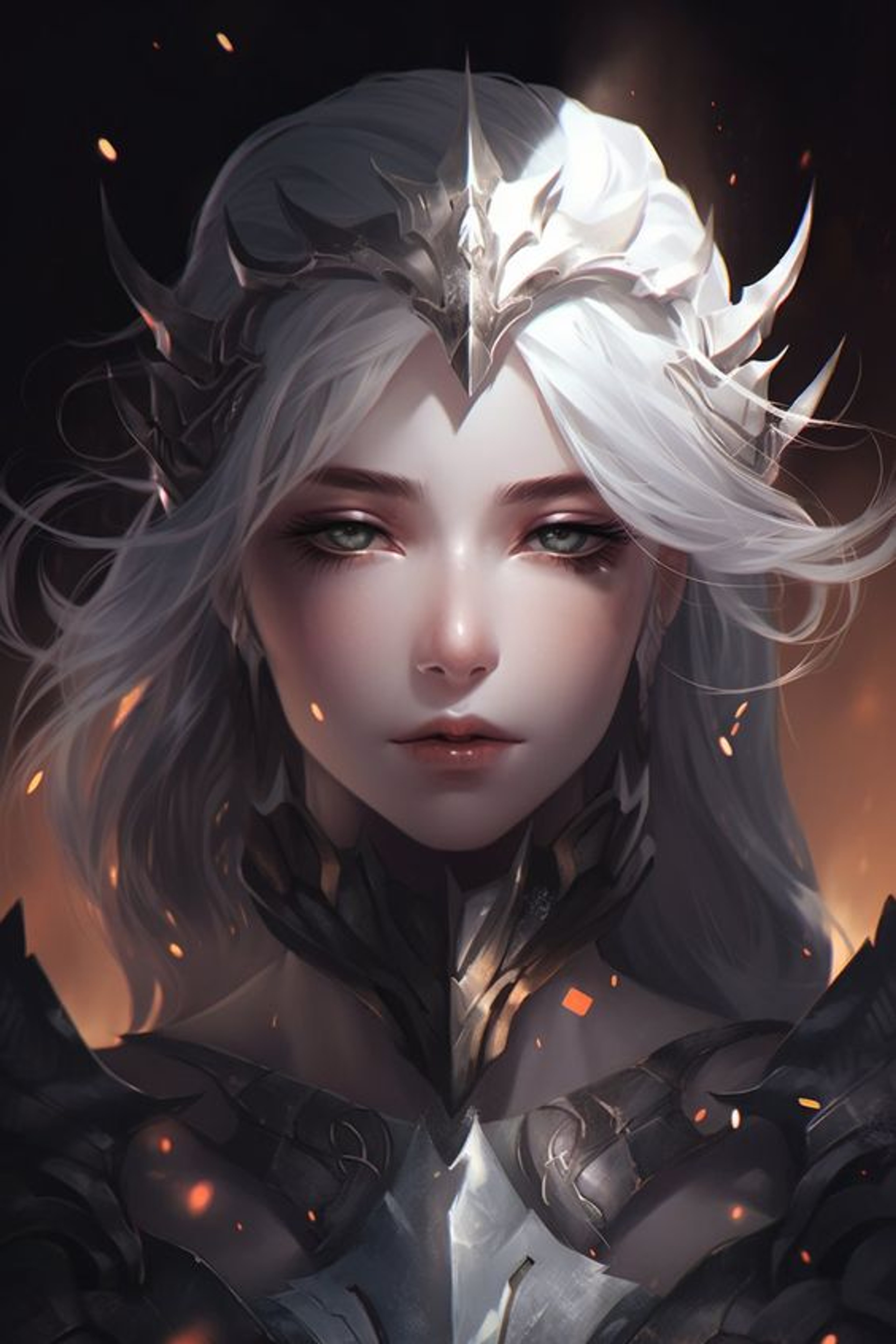 A powerful, elegant woman with silver hair and grey eyes