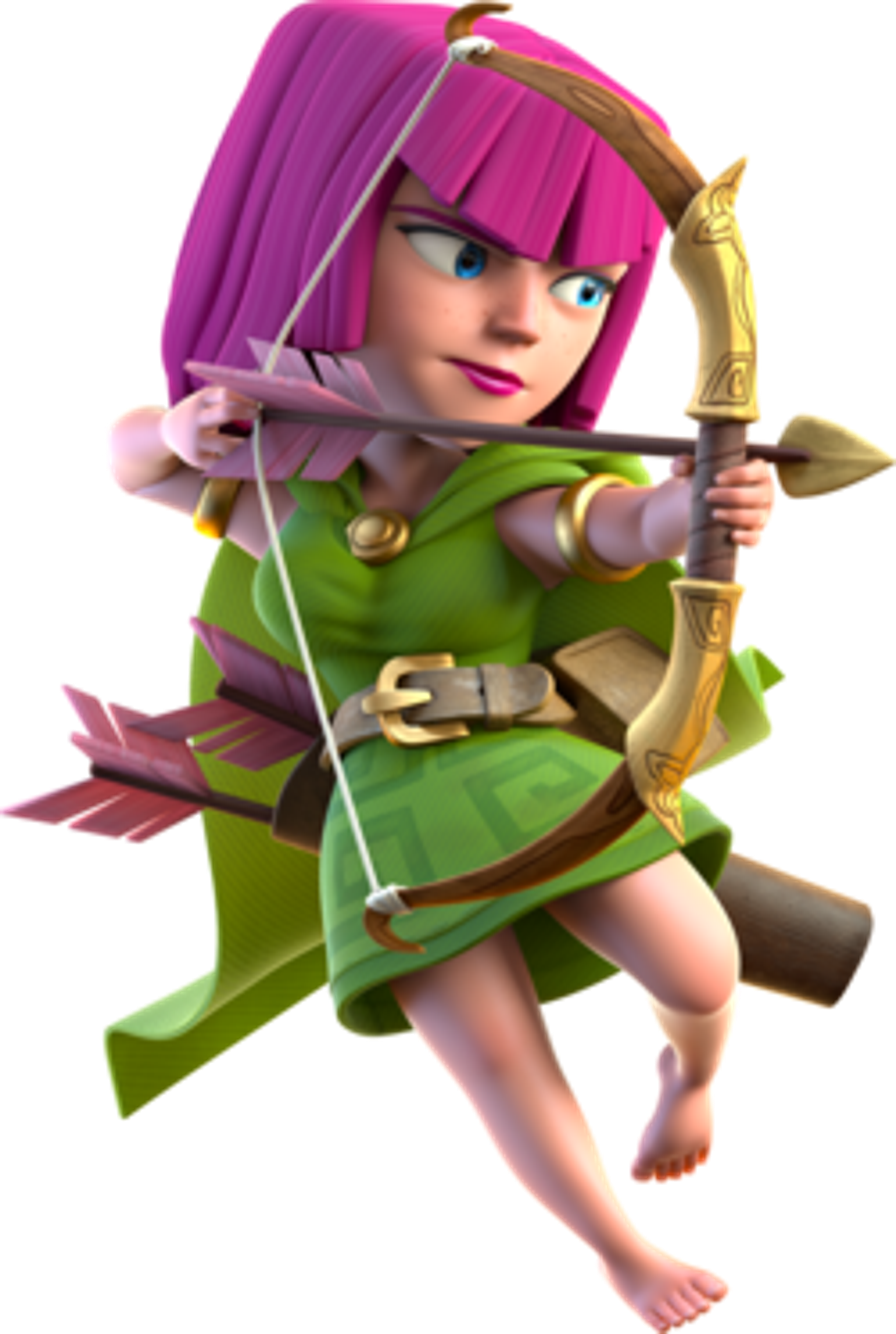 A female archer character with pink hair and a green tunic holding a golden bow