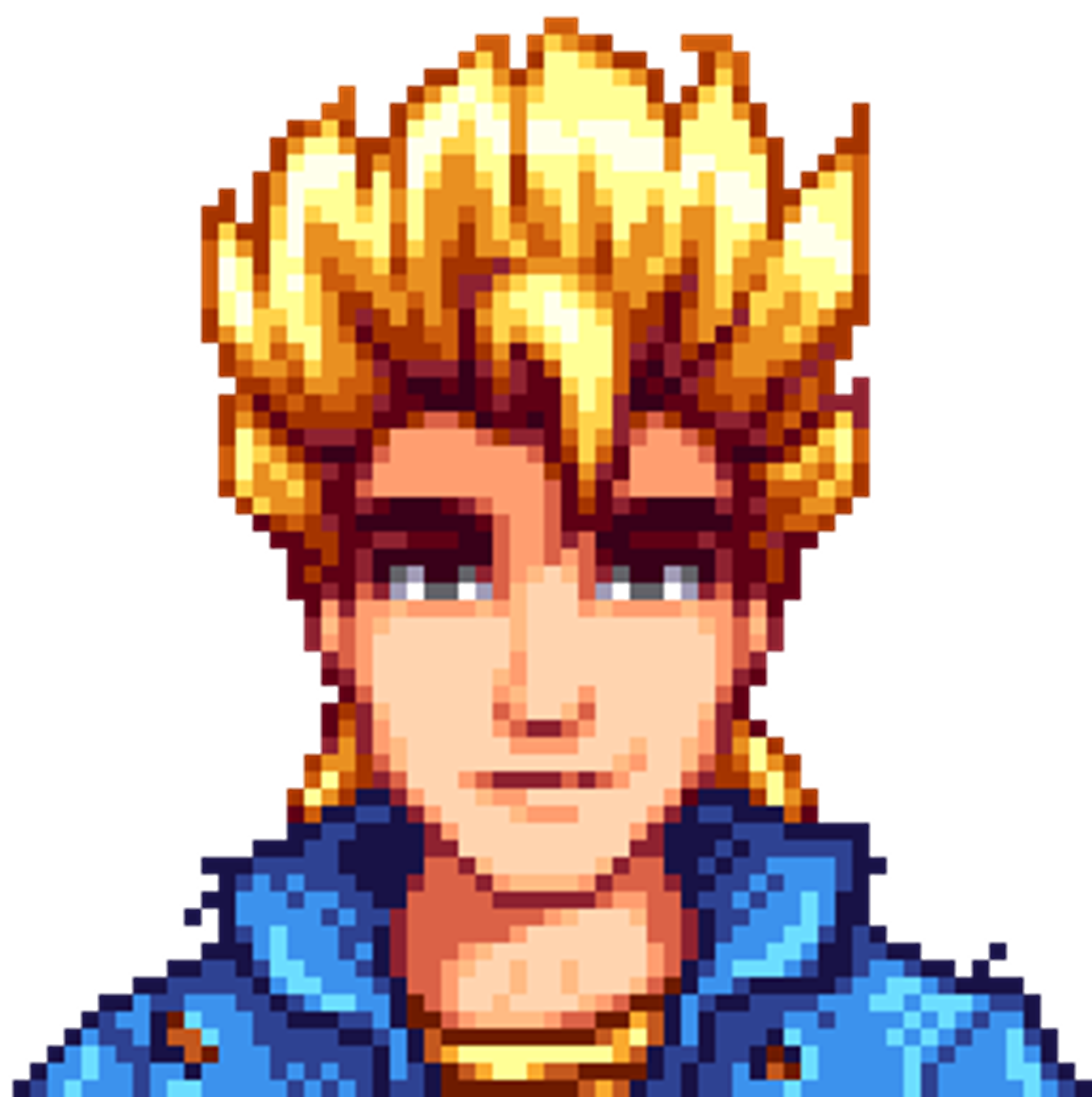 A young man with spiky blond hair and blue eyes wearing a blue jacket with shoulder pads.