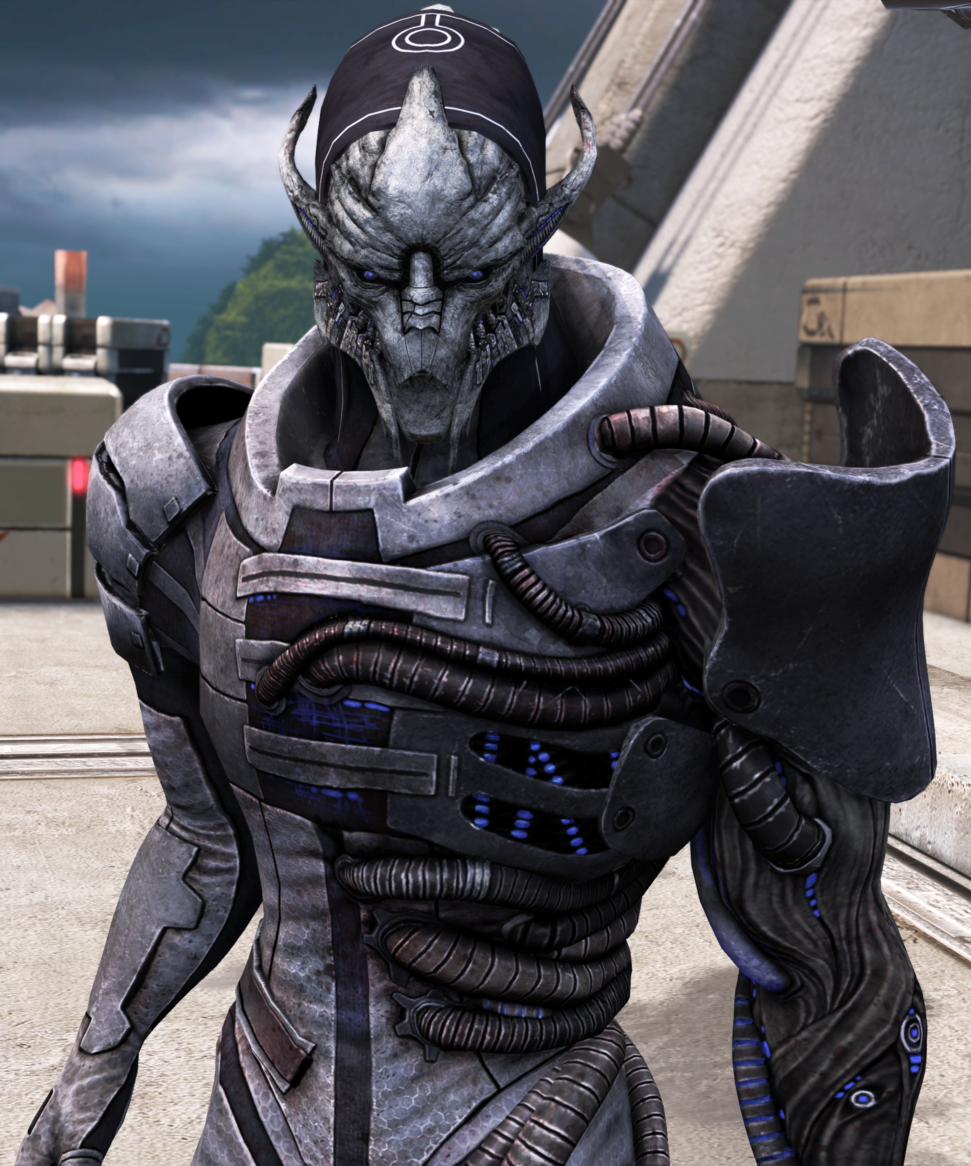 A heavily armored and cybernetically enhanced turian character with a menacing, alien appearance.