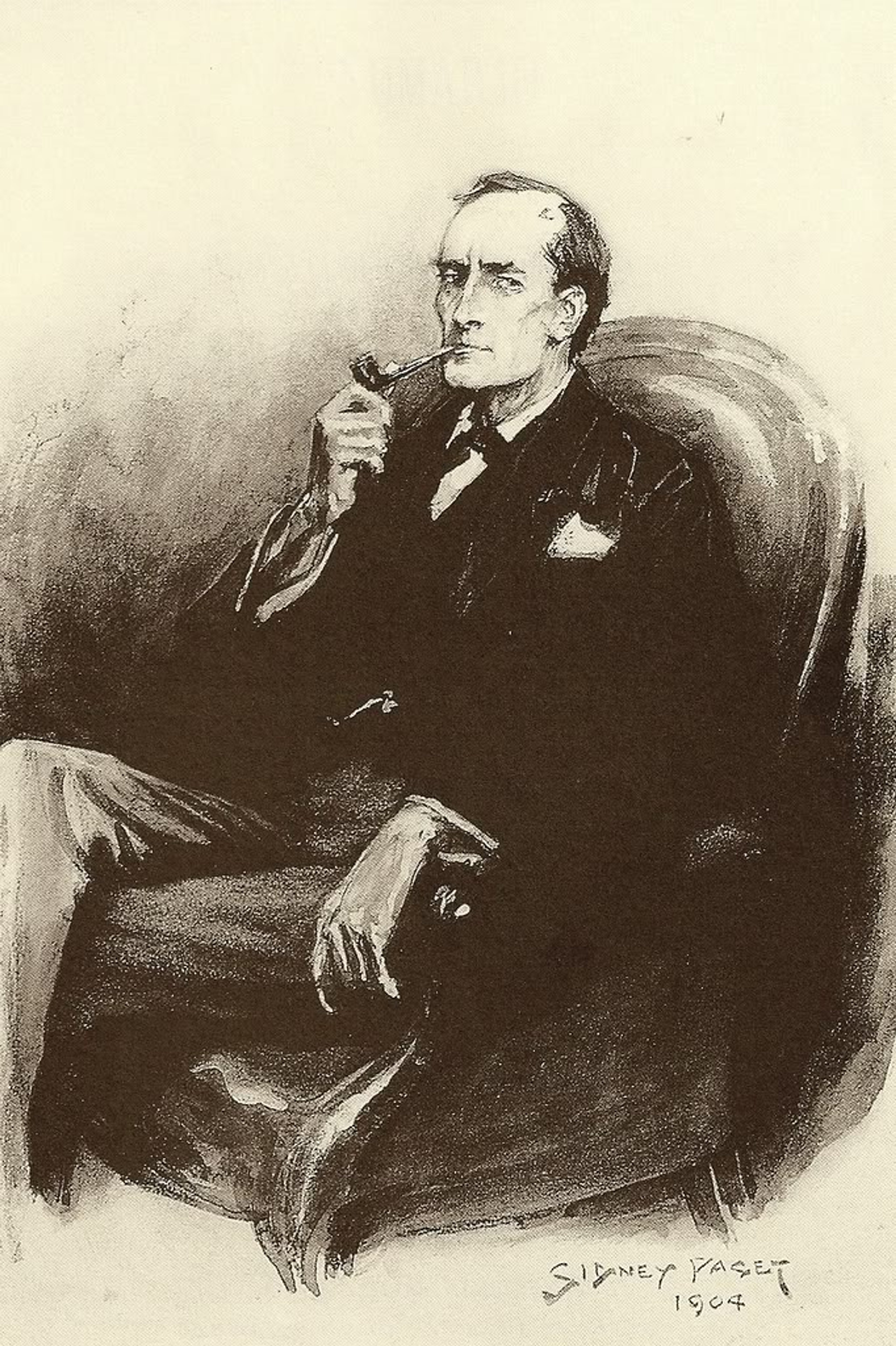 A sketch-style portrait of an older man with a serious expression, wearing a suit and smoking a pipe.