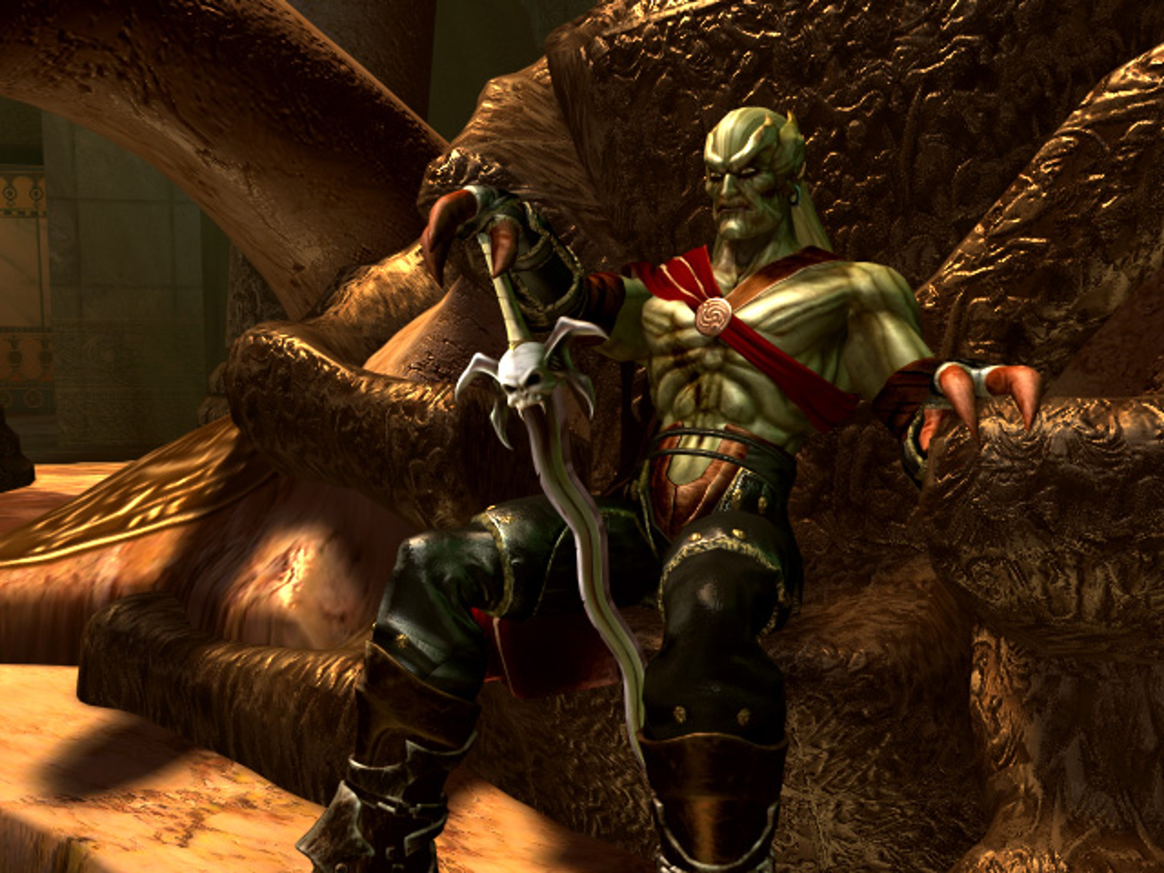 A male fantasy character in dark armor wielding a sword