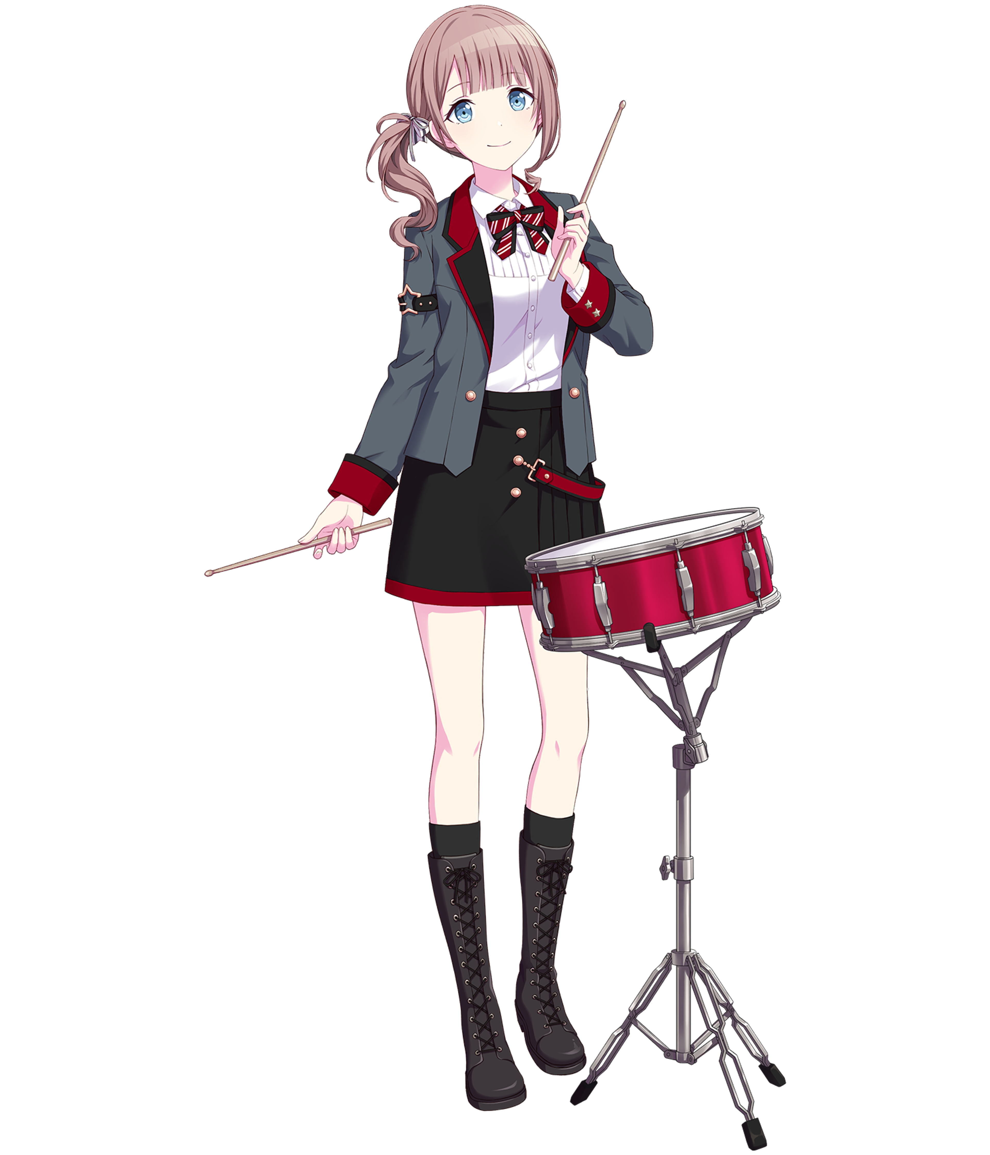 A young woman with pink hair holding a red drum in front of a drum set