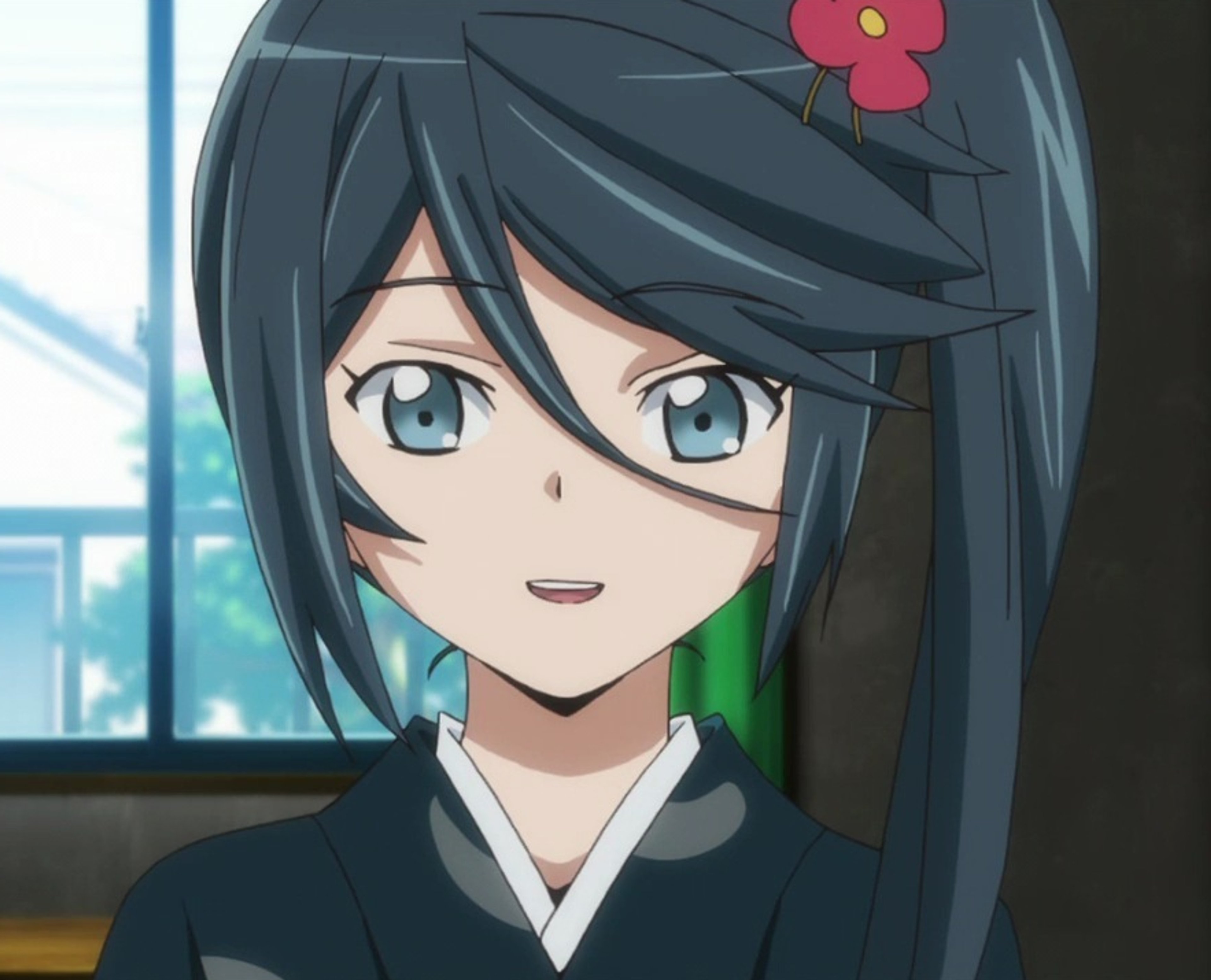 A young woman in a traditional Japanese kimono with long navy-blue hair and a red flower clip in her hair.