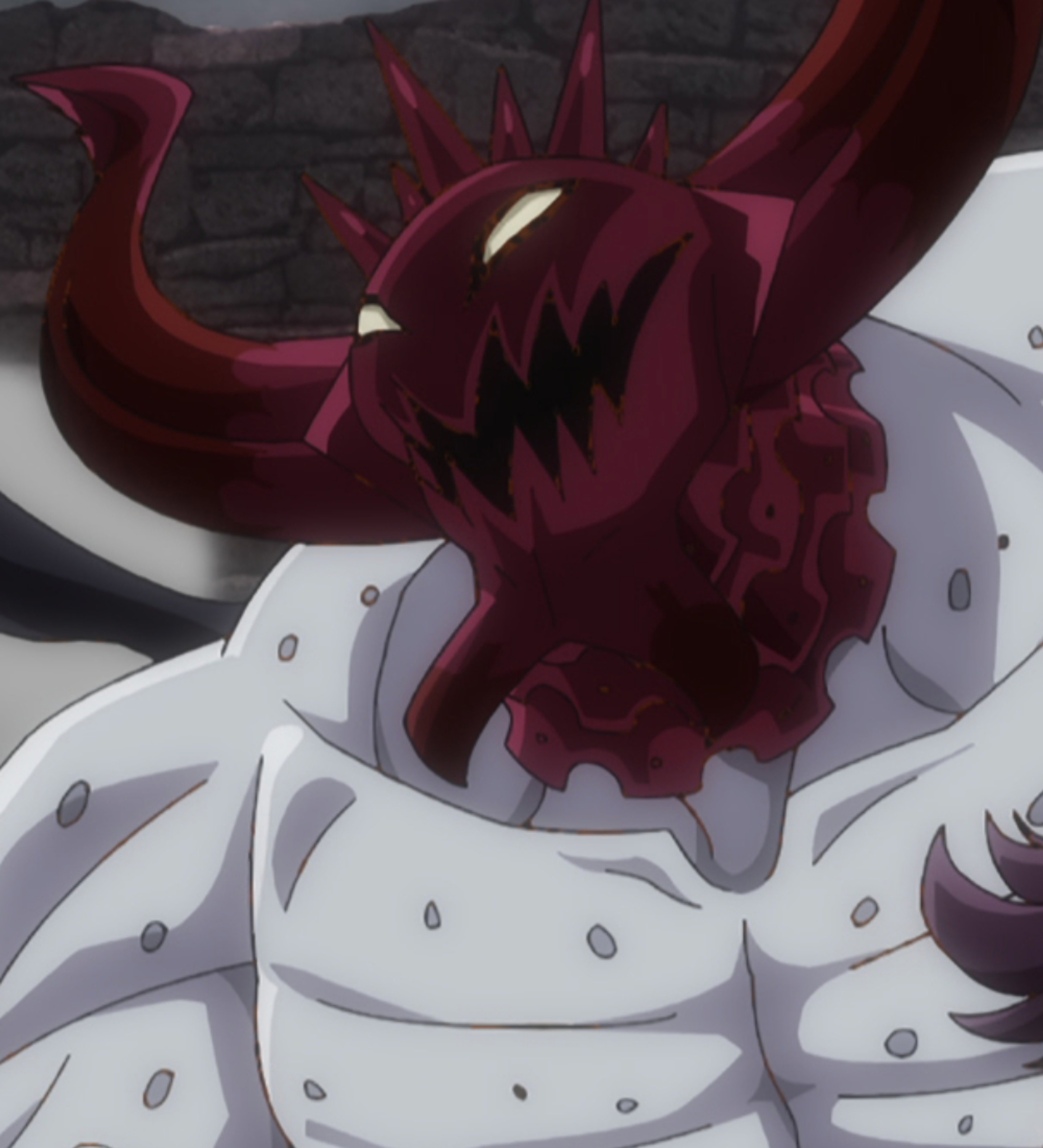 A towering demonic warrior with a mask-like face and imposing green armor