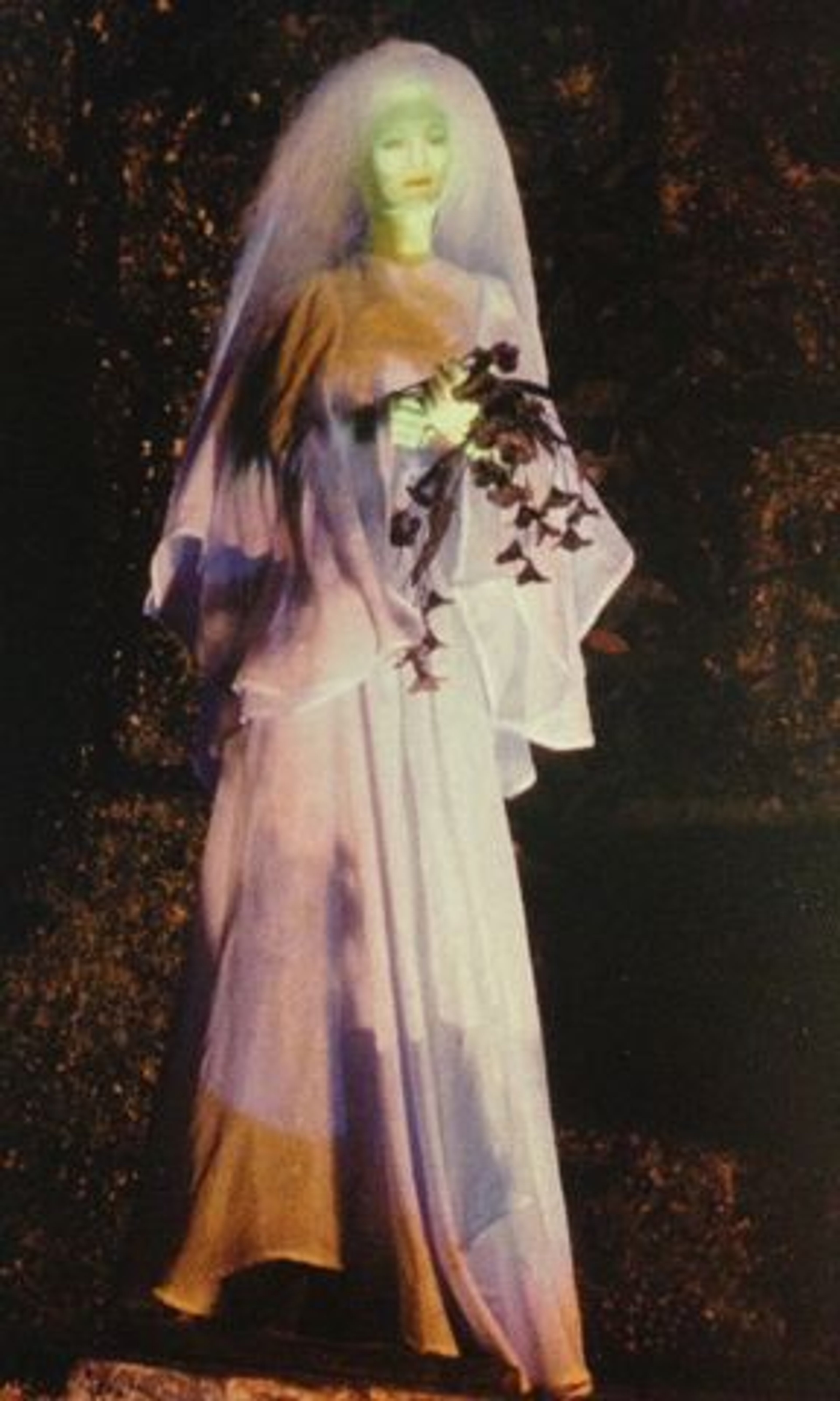 A ghostly, doll-sized woman in a white satin dress, carrying a bouquet of dried herbs