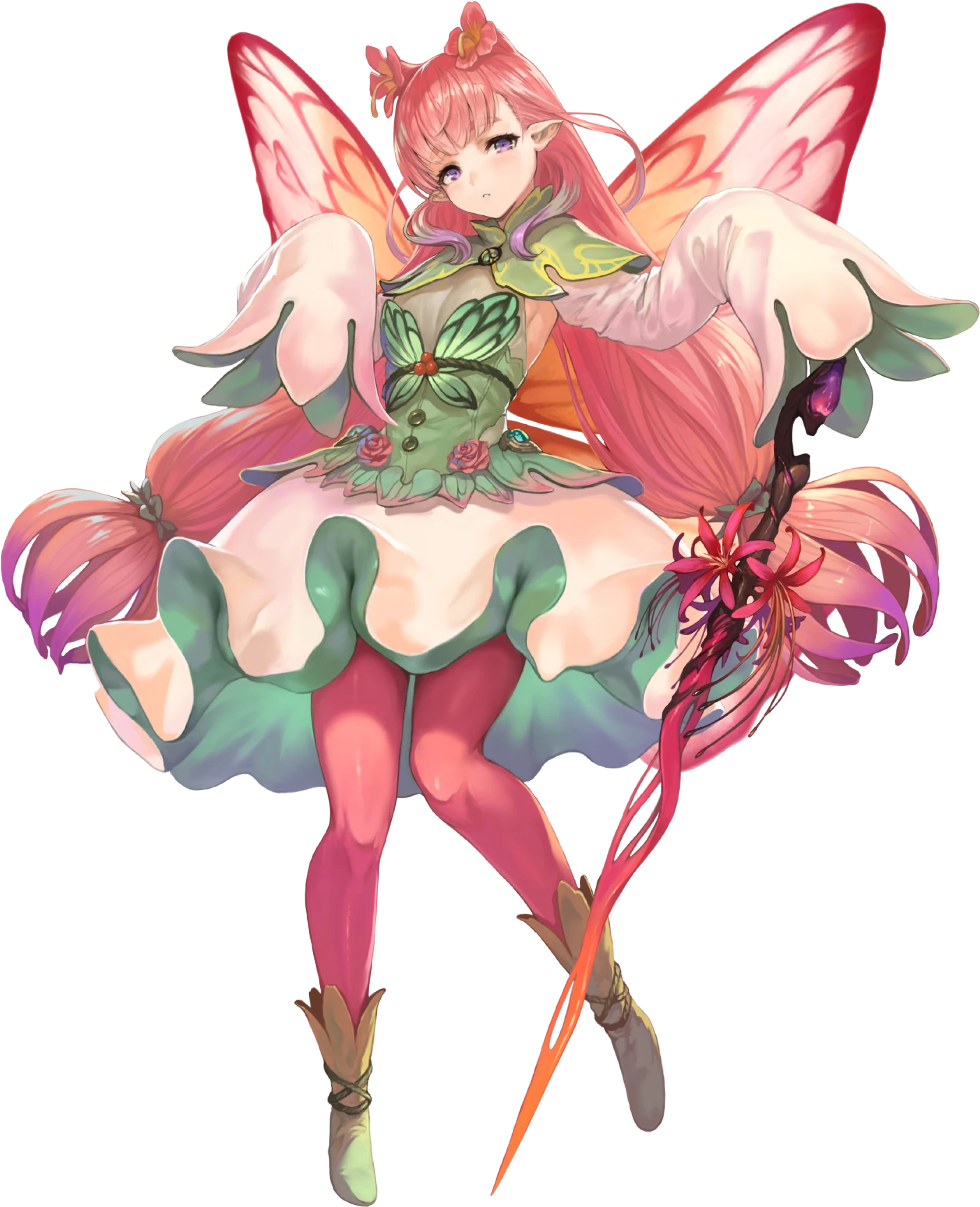 A female character with pale skin, silver hair, and large butterfly wings wearing a flowing pink and green dress.