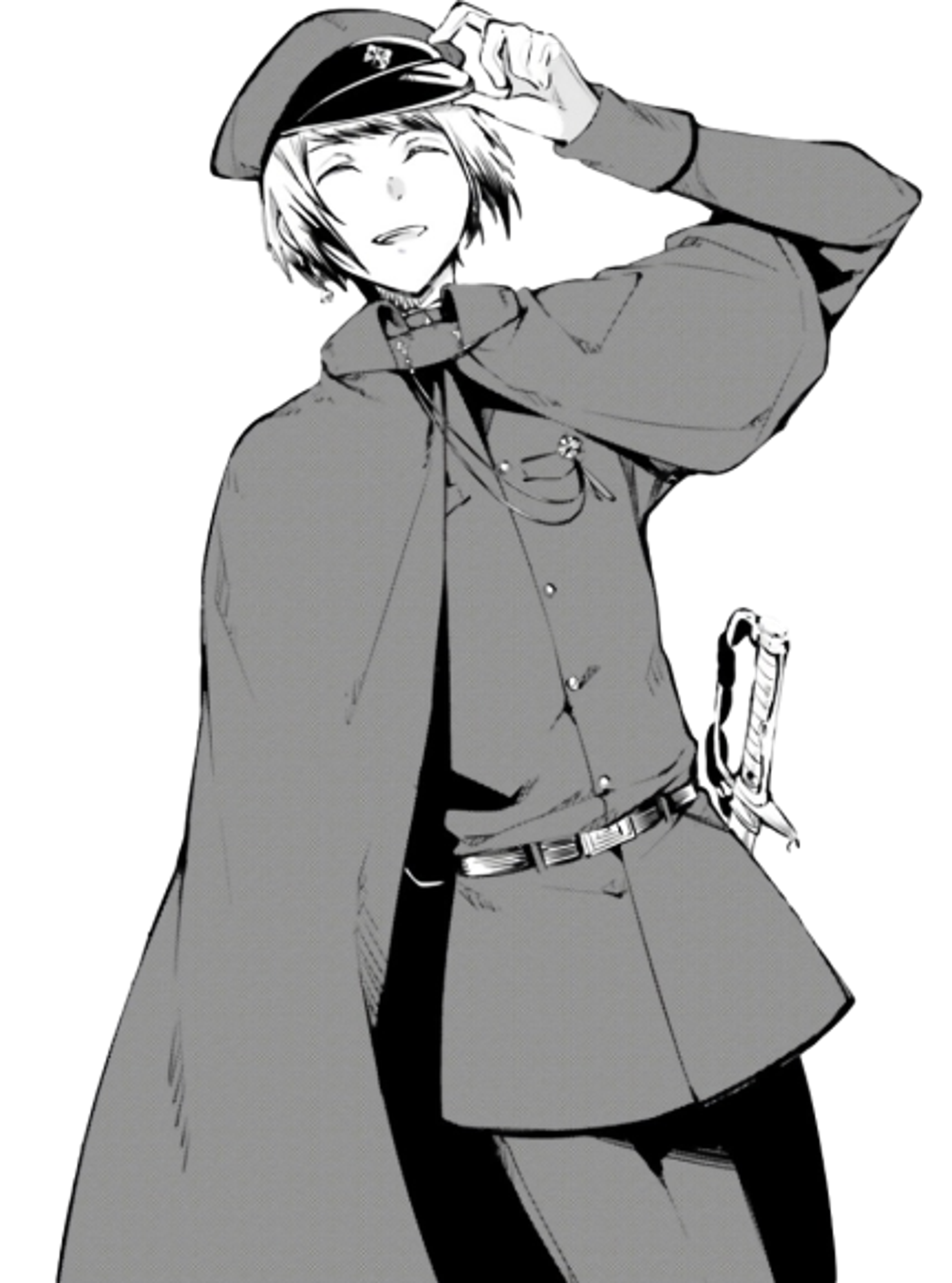 A young man in a military-style uniform with white and red hair