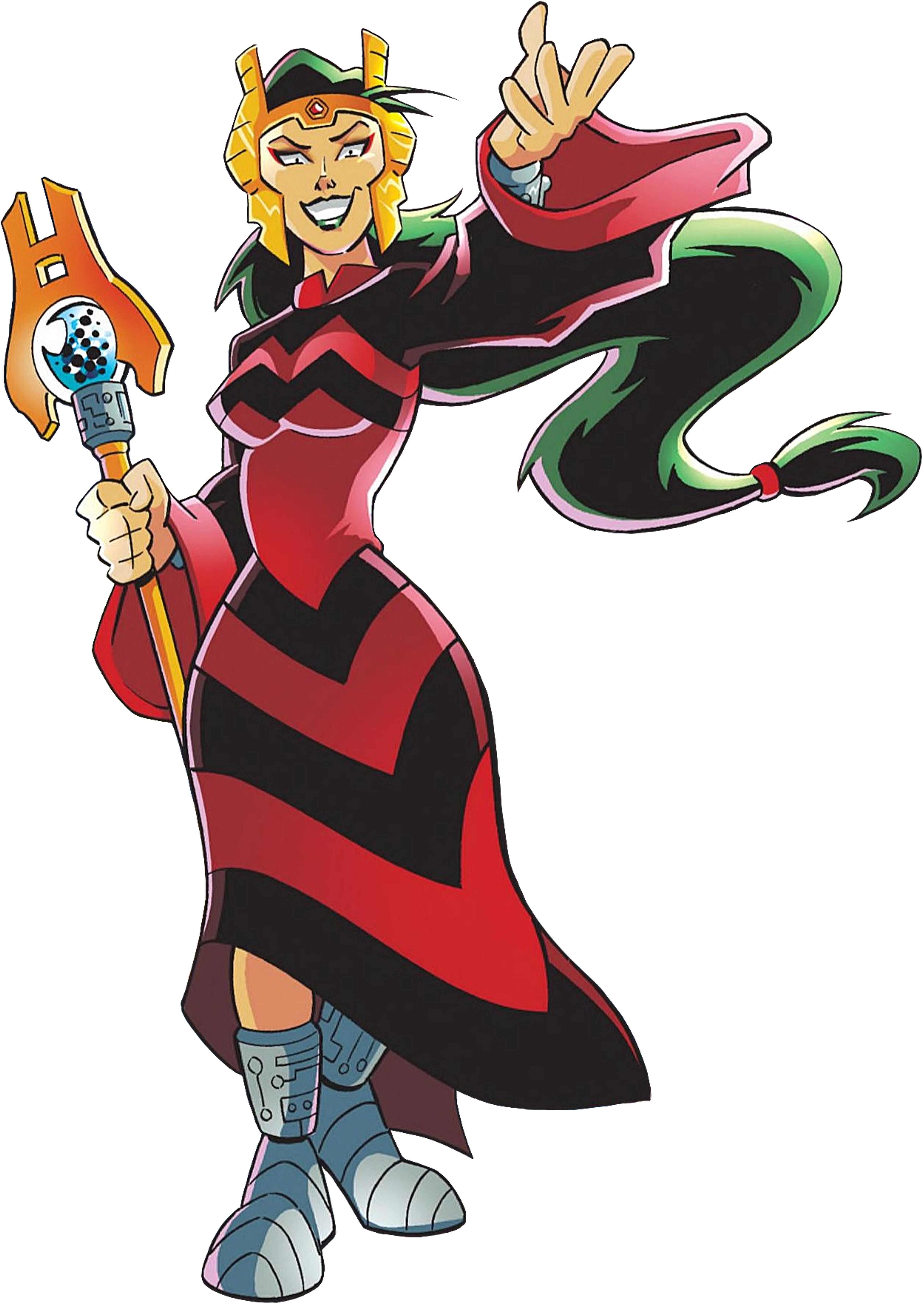 An anthropomorphic female character with pale skin, gold eyes, and long dark green hair in a high ponytail, wearing an ornate golden crown and a crimson dress with black striped patterns. She is holding a futuristic-looking weapon.