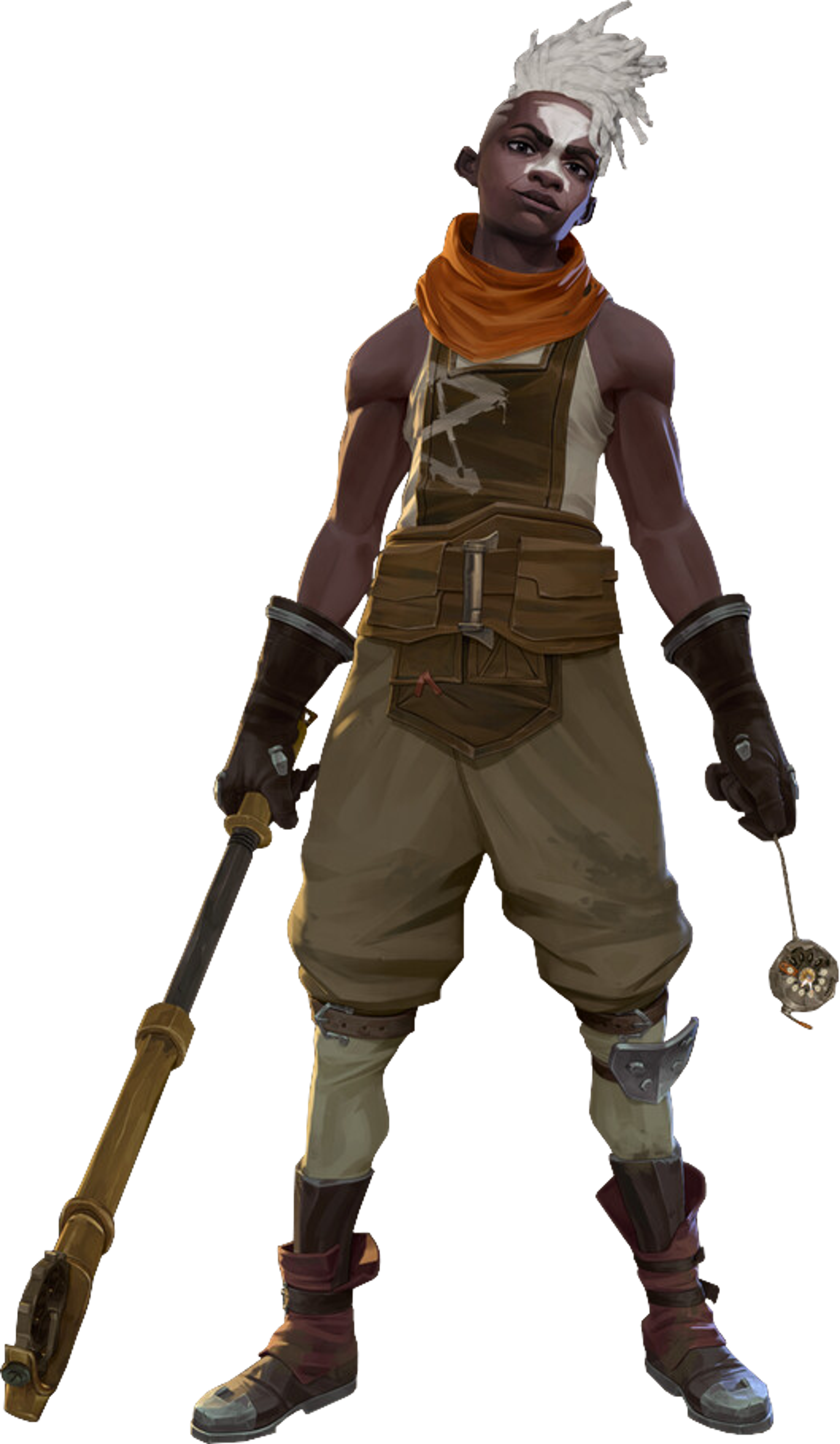 A young, muscular male character with white hair and a punk-inspired outfit, holding a large futuristic weapon.