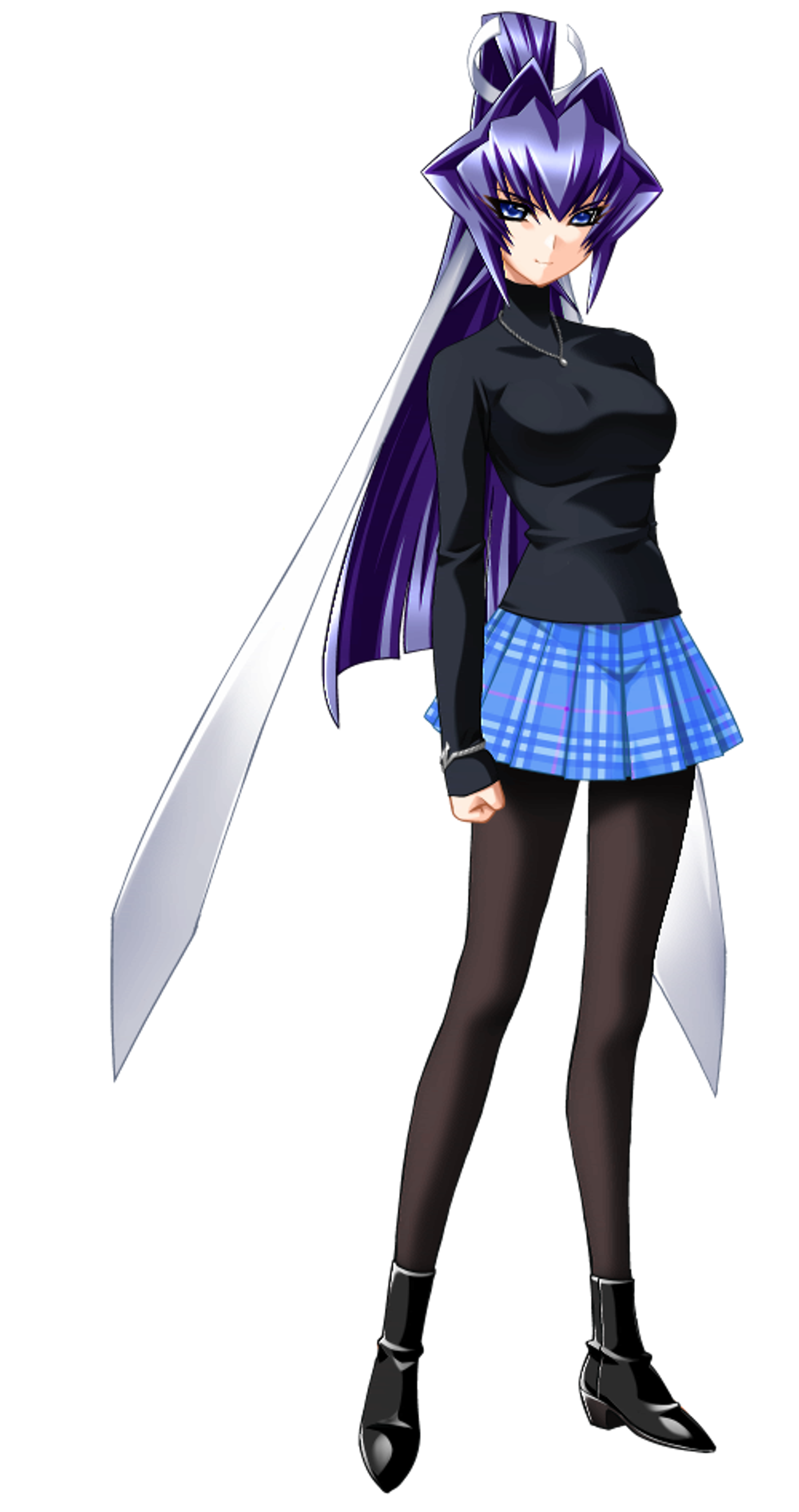 A young woman with blue hair and eyes, wearing a black top and blue skirt, standing with a sword at her side.