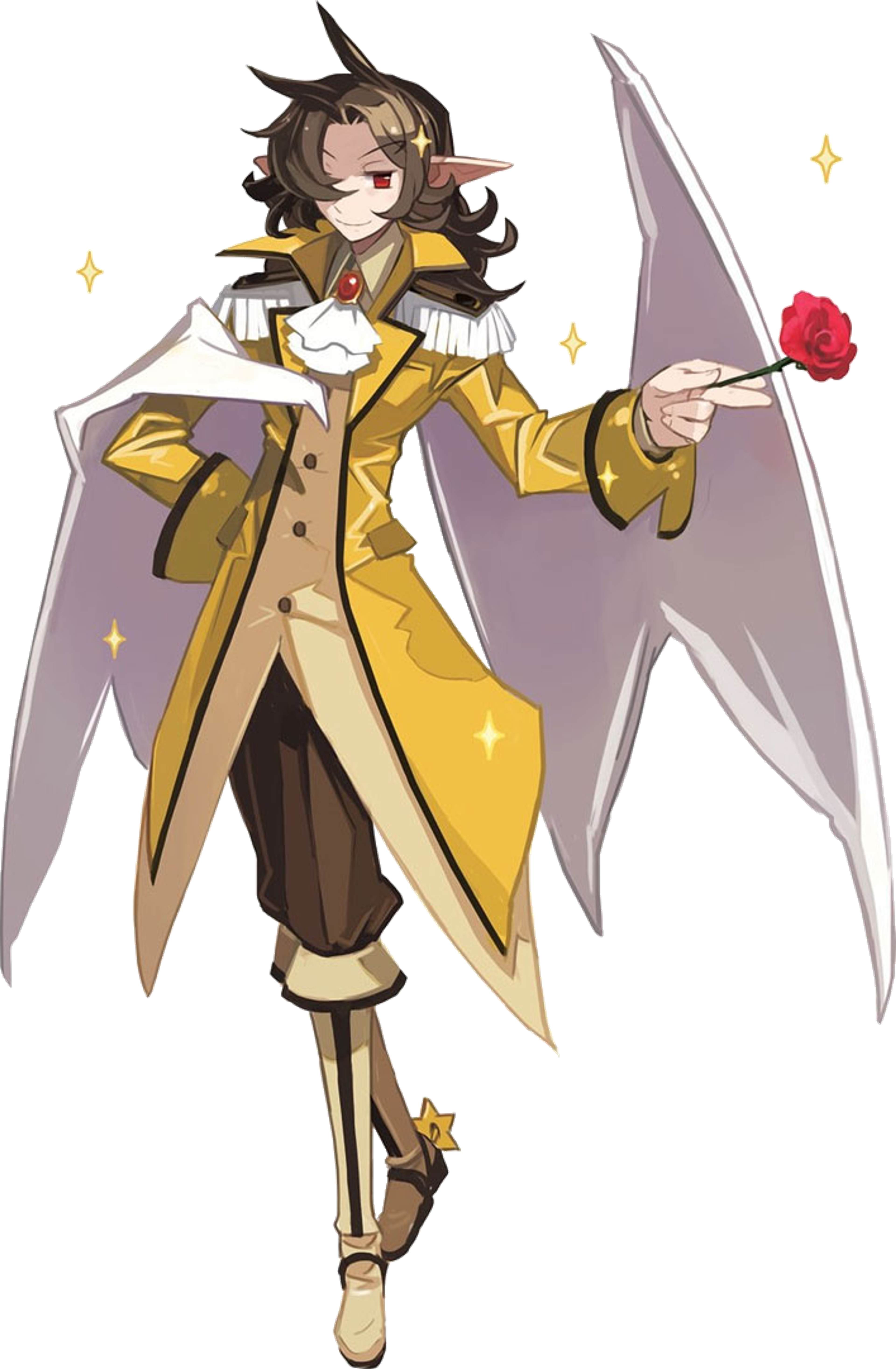 A dramatic, elegant demon character in a heroic pose