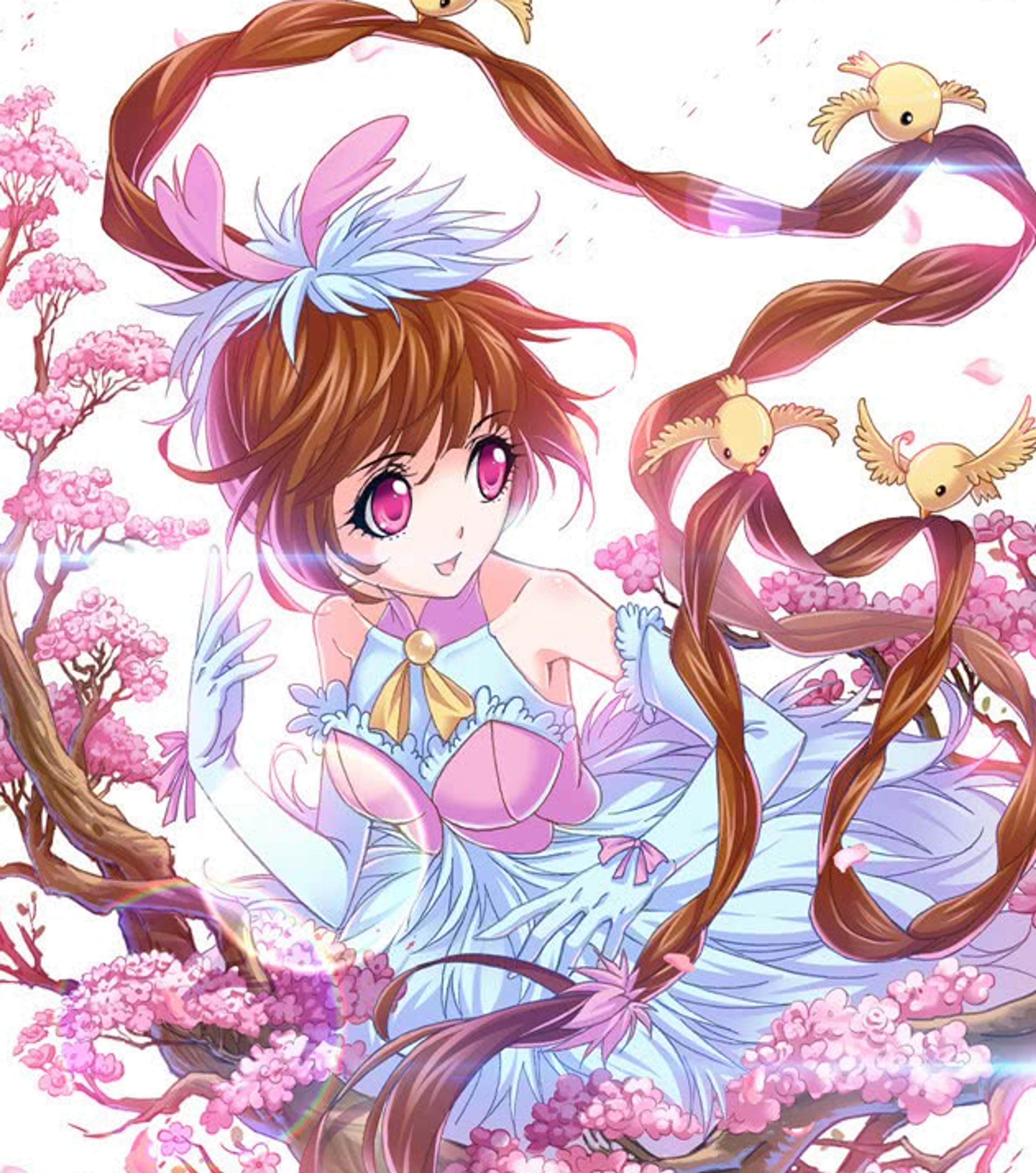 A young woman with long brown hair wearing a blue floral dress in a fantasy or anime-style illustration