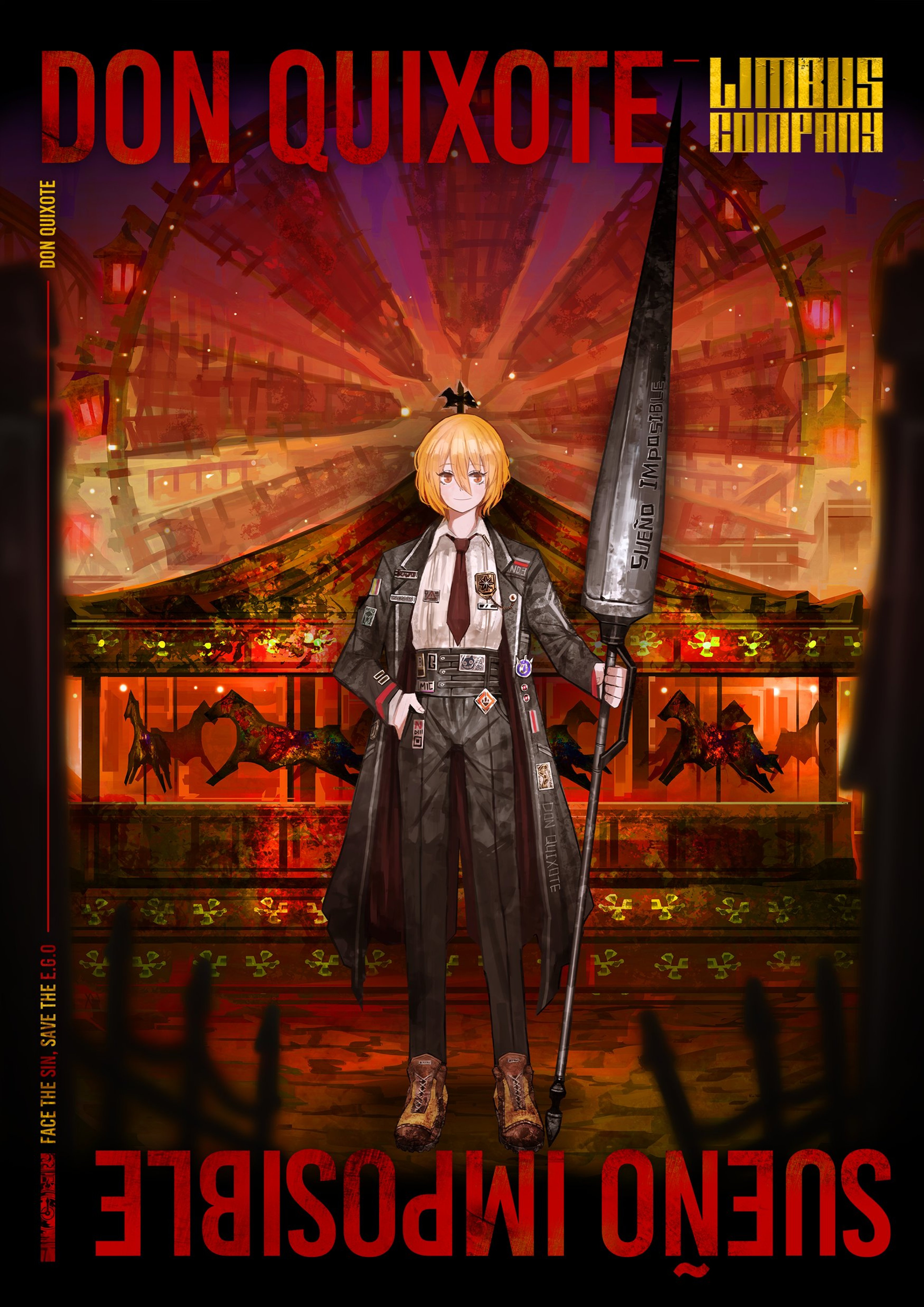 A young woman in a dramatic pose holding a large sword in front of a fantastical background