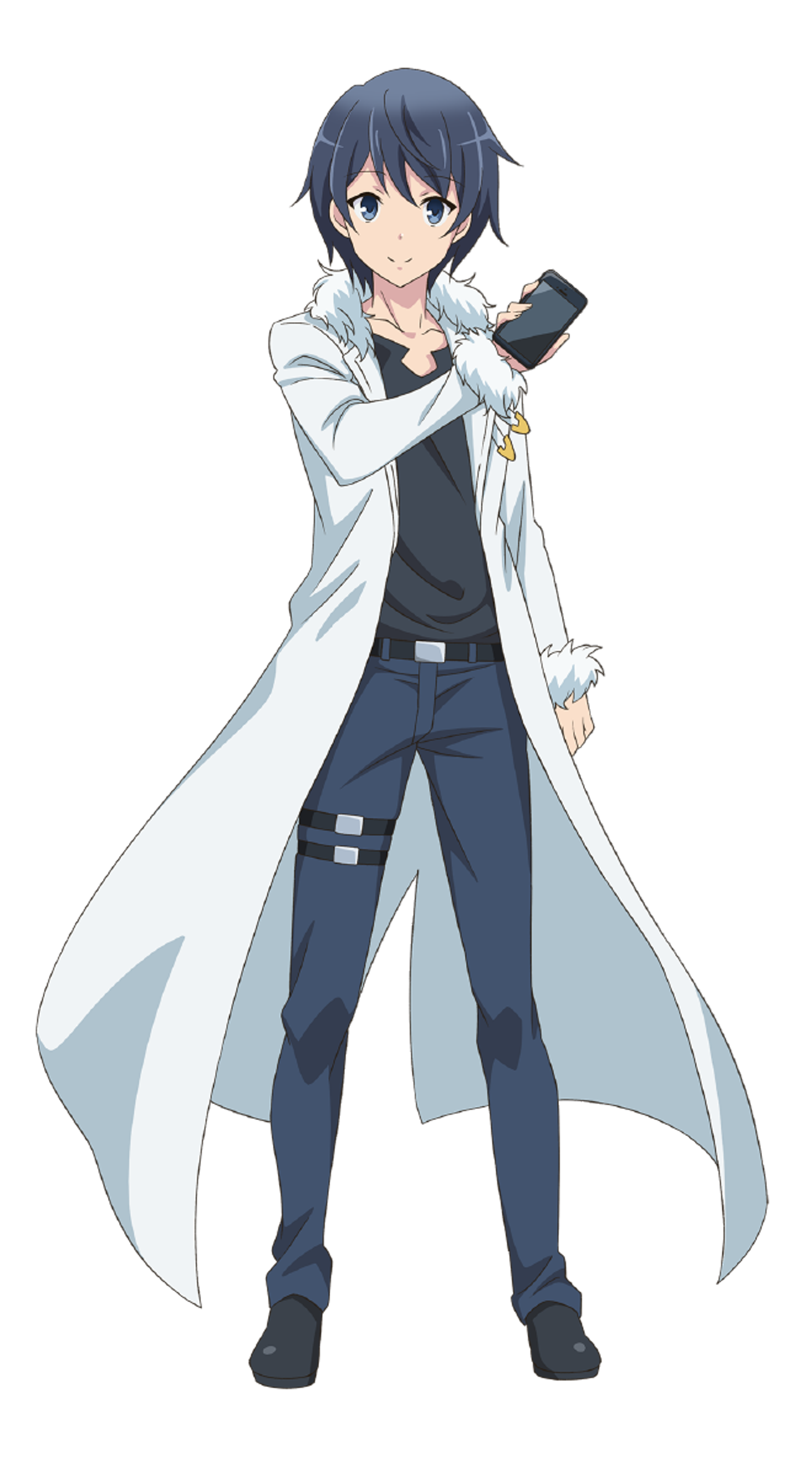 A young man with dark blue hair wearing a white coat over a black outfit, in a heroic pose.