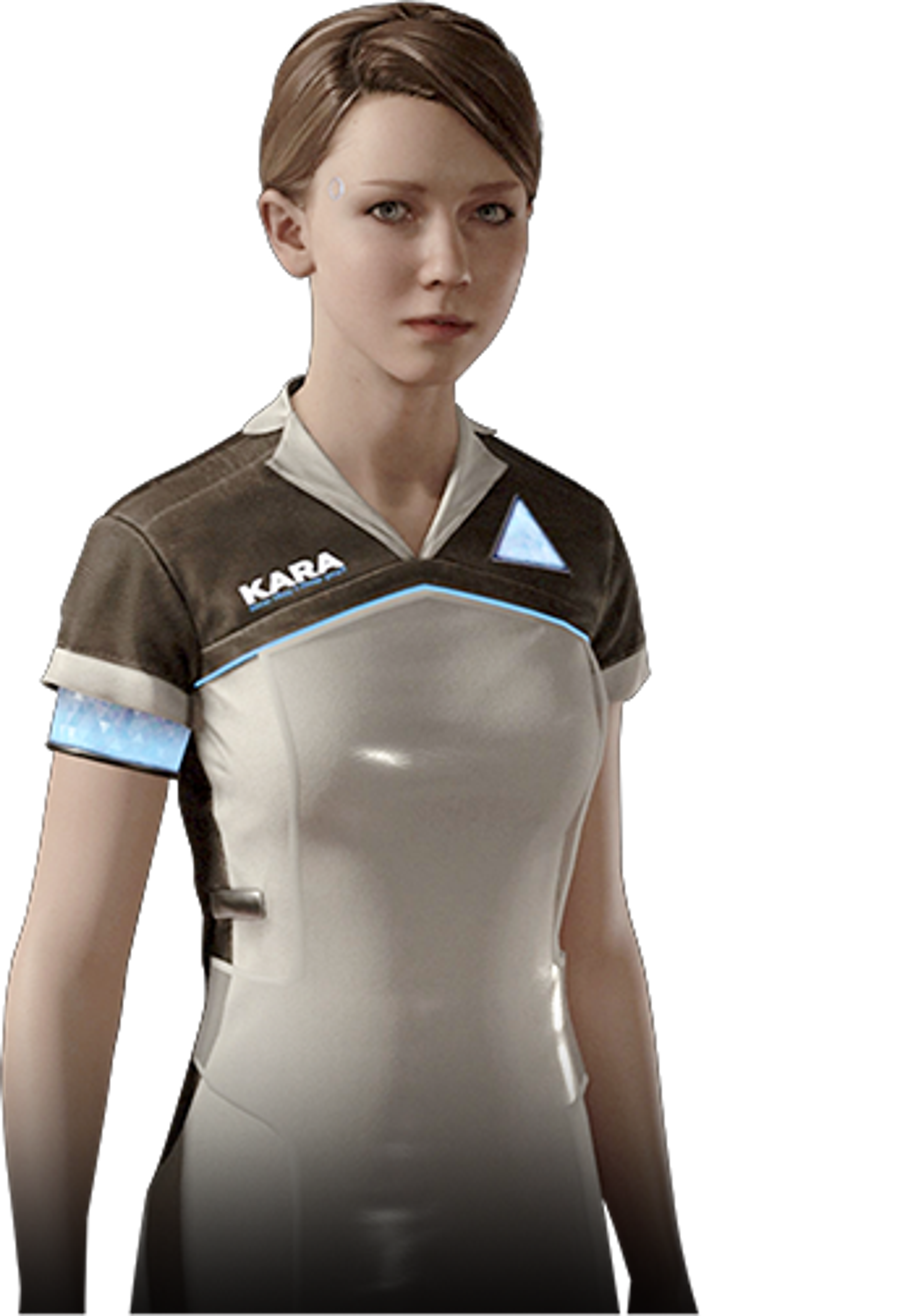 A young woman in a gray and black uniform with the 'Kara' logo, looking serious.