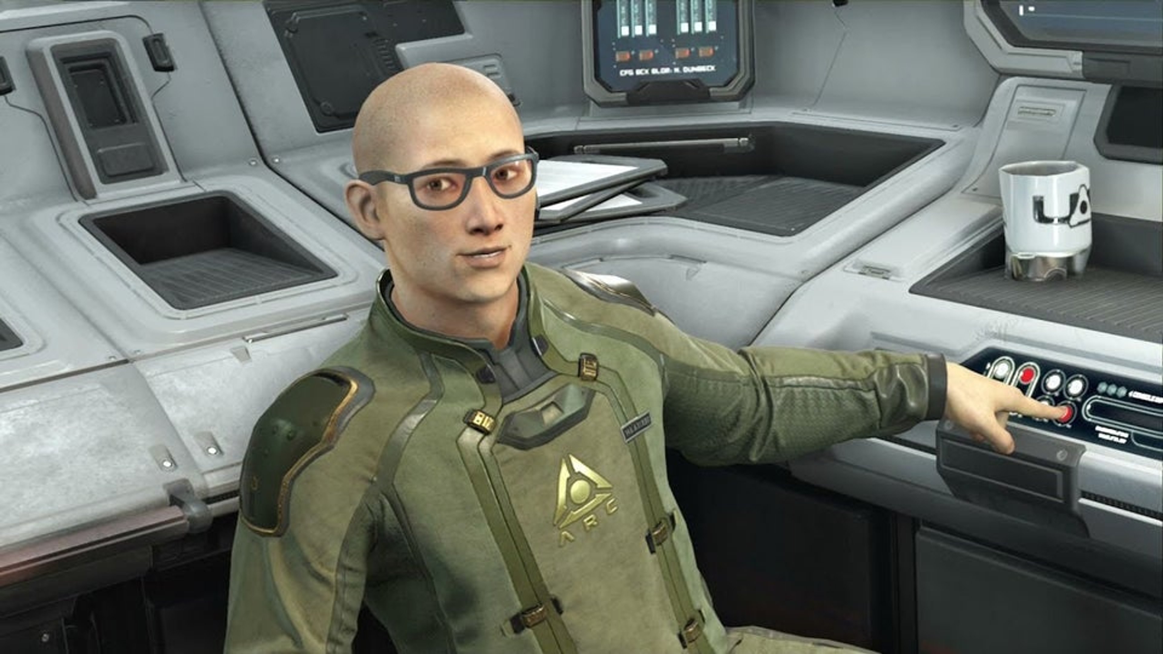 A bald, middle-aged man in a green military uniform with an ARC logo, standing in a futuristic environment.