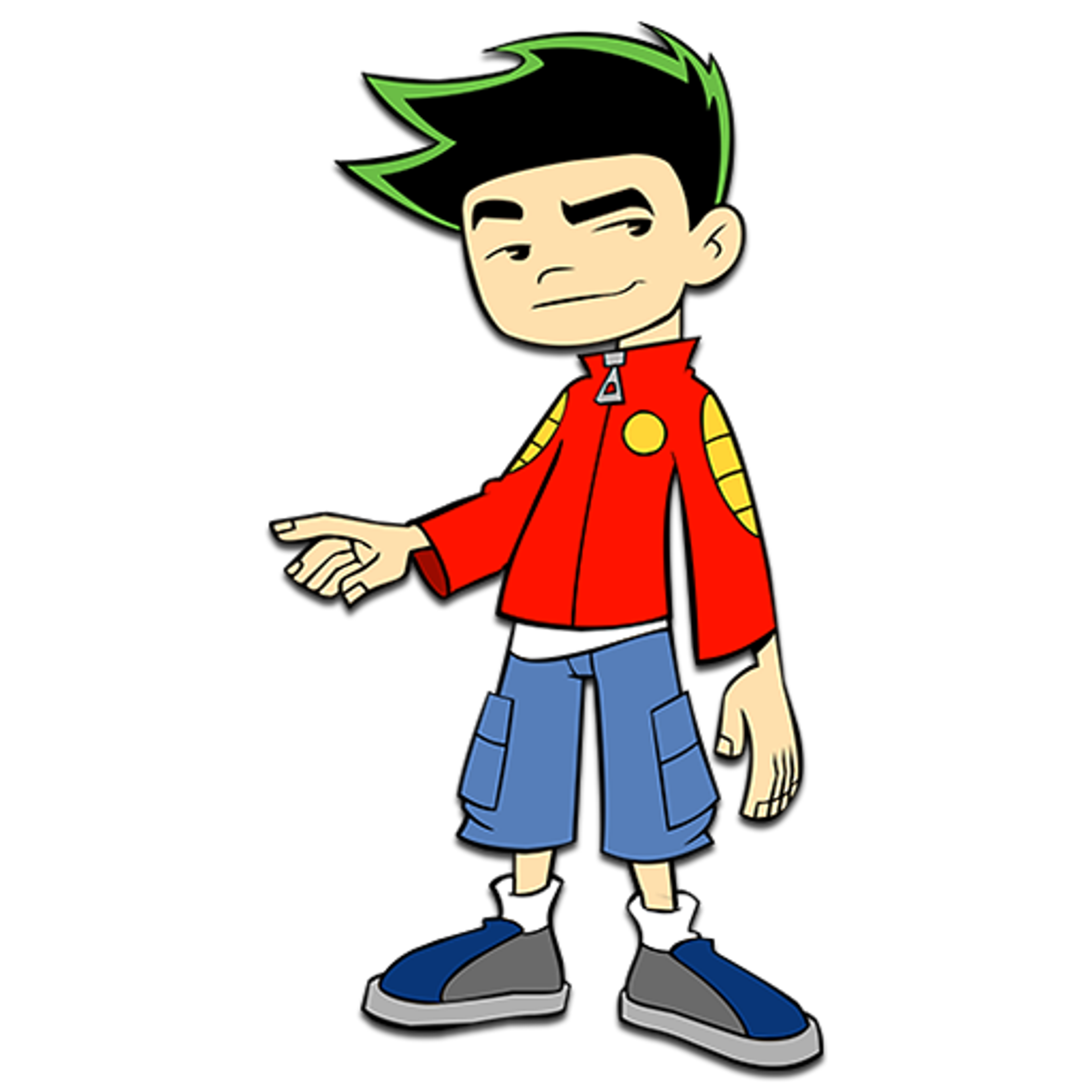 An animated character with spiky black hair and green highlights, wearing a red jacket, blue jeans, and sneakers.