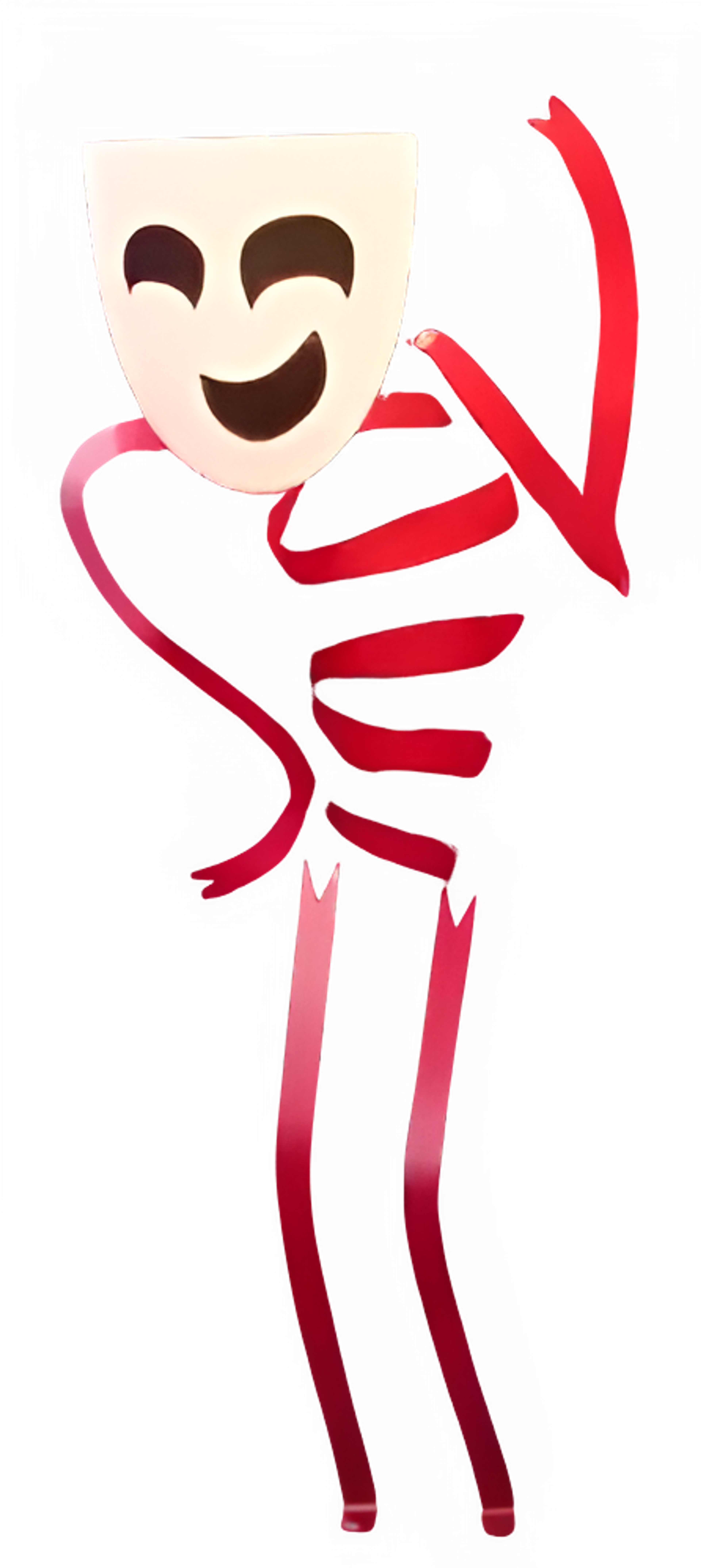 A character with a body made of colorful ribbons and a porcelain mask that switches between happy and sad expressions.