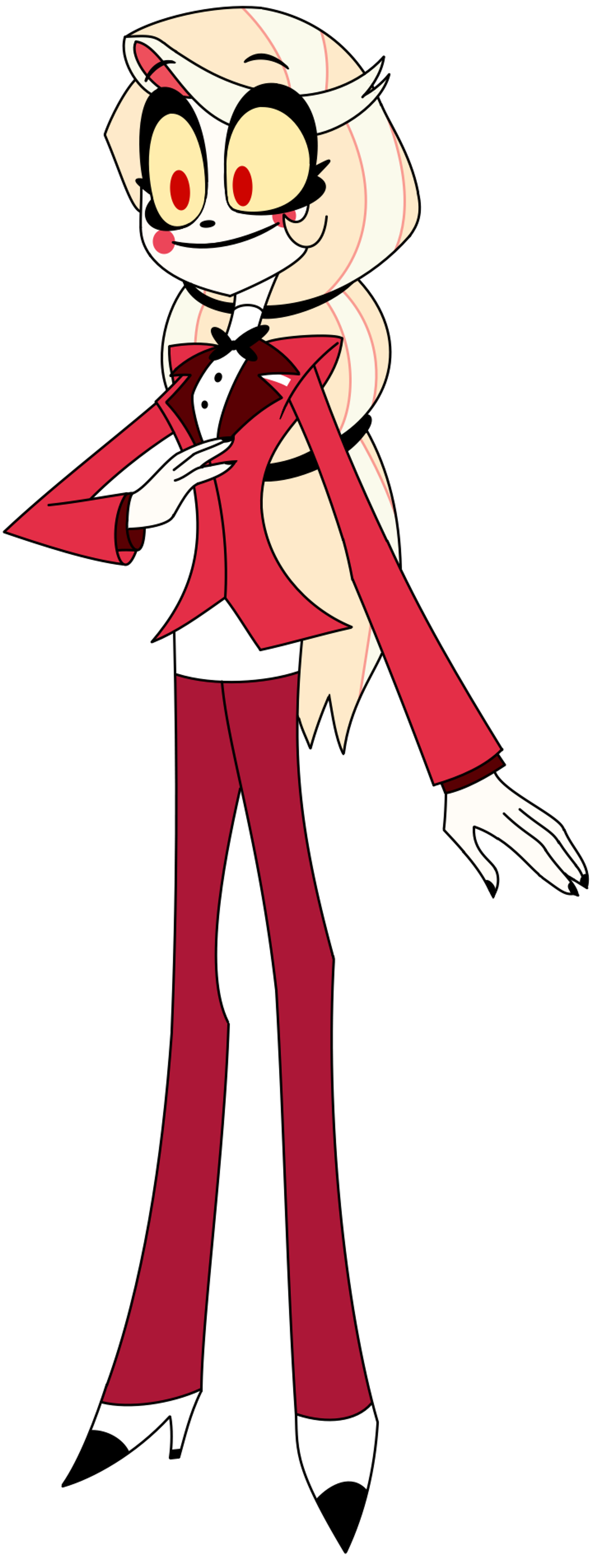 An animated female character in a red suit with a bow tie, standing in a confident pose.